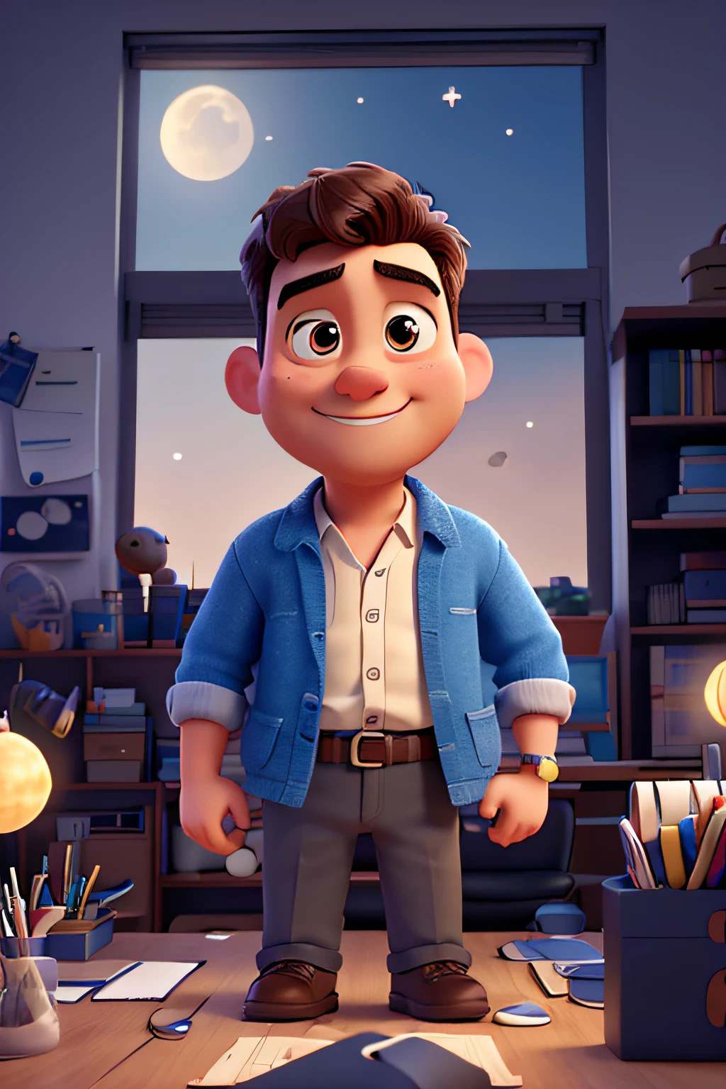 Create a Humble Man's Vision, Working in a humble office, Having a cinematic view of the moon, 8k, no estilo cartoon da Disney Pixar