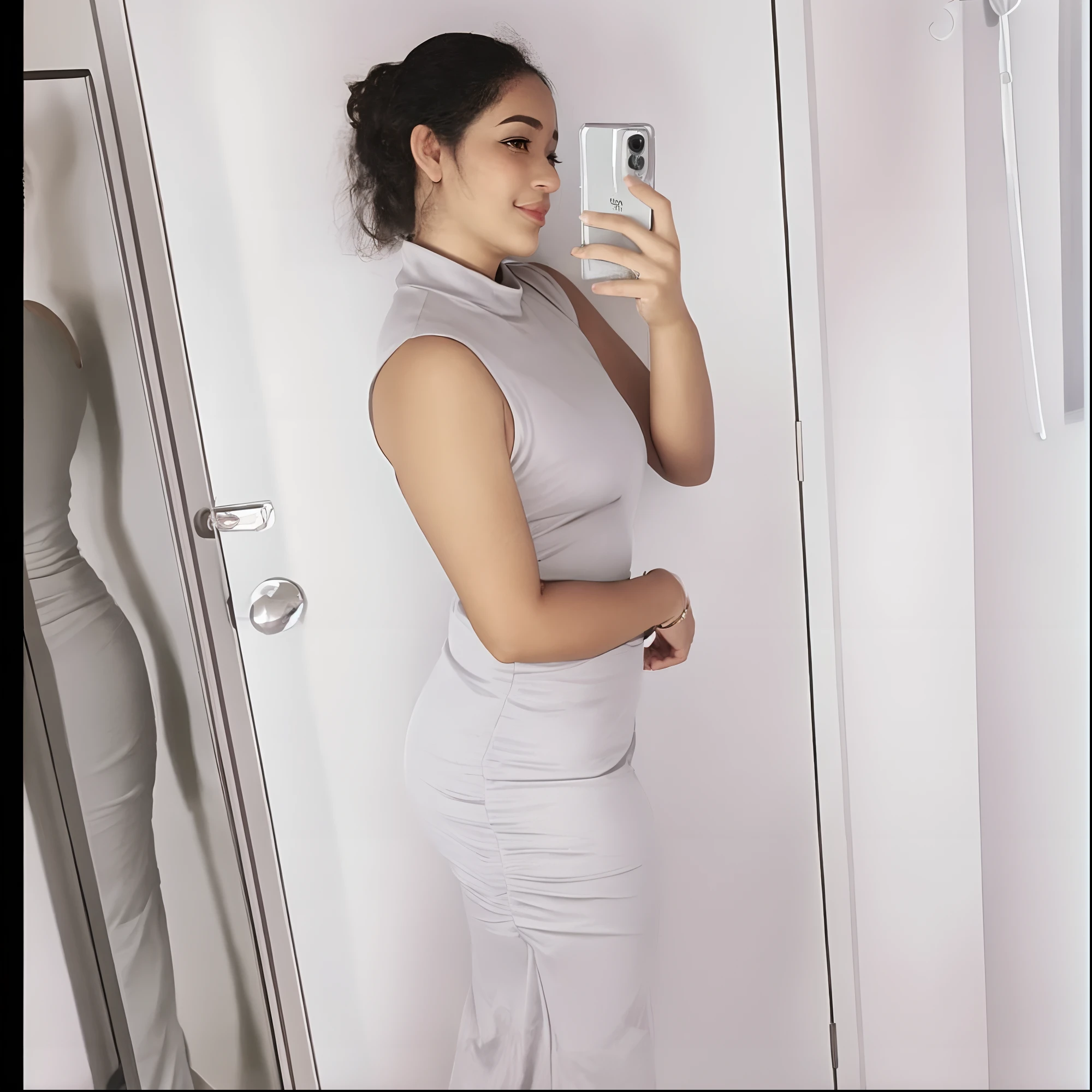 there is a woman taking a picture of herself in a mirror, skinny waist and thick hips, thicc, side pose, tight outfit, middle body shot, full body picture, she has a jiggly fat round belly, wearing tight simple clothes, karla ortiz, posed in profile, inspired by Esaias Boursse, thick neck