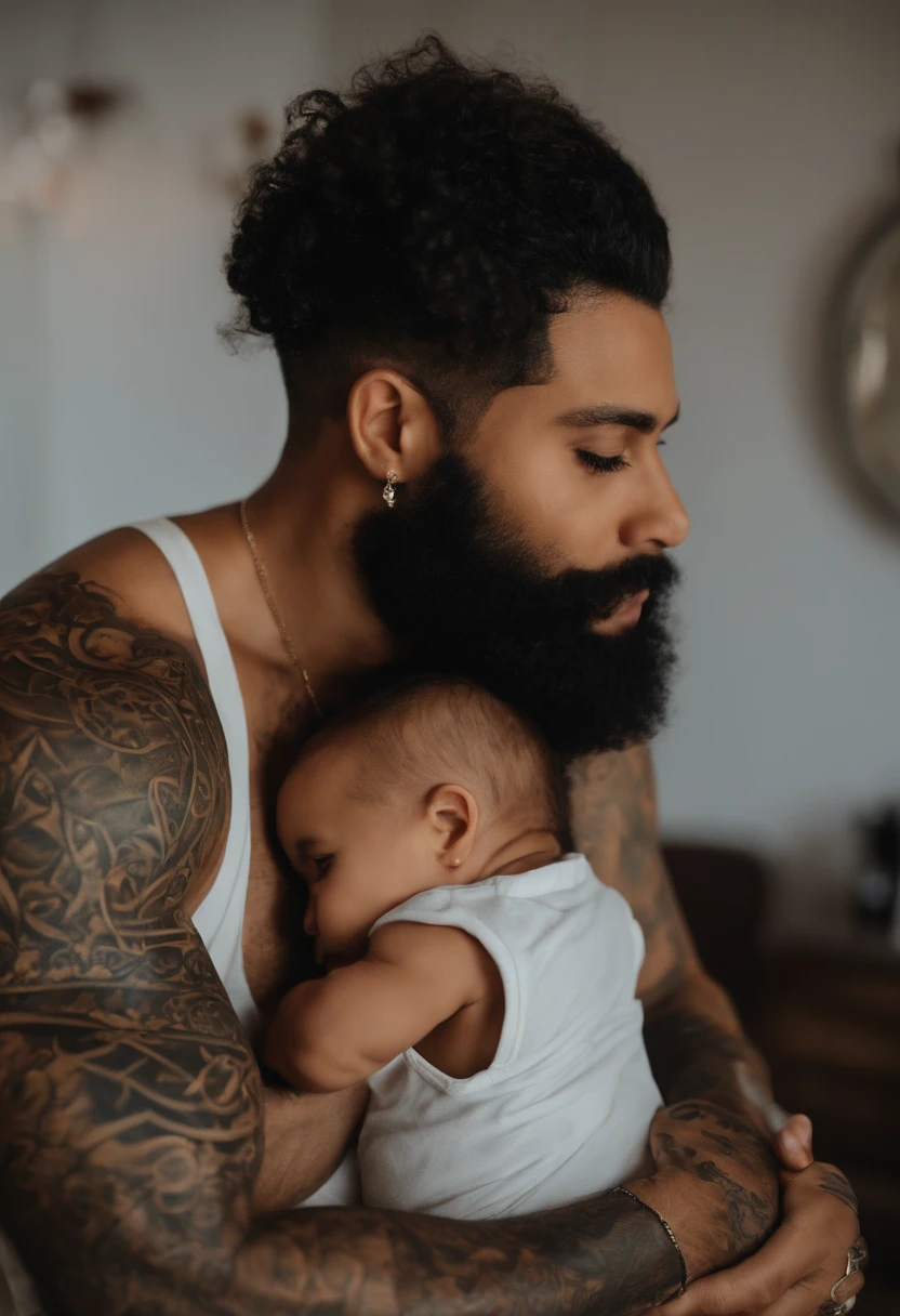Um homem de 28 anos do cabelo preto curto, beard and tattoo on arms with his 28-year-old wife with black hair and some tattoos and his 2-year-old son with fair skin, brown and curly hair inspired by Pixar animation, de perto. The family takes center stage with captivating facial expressions, oferecendo um toque de irrealidade