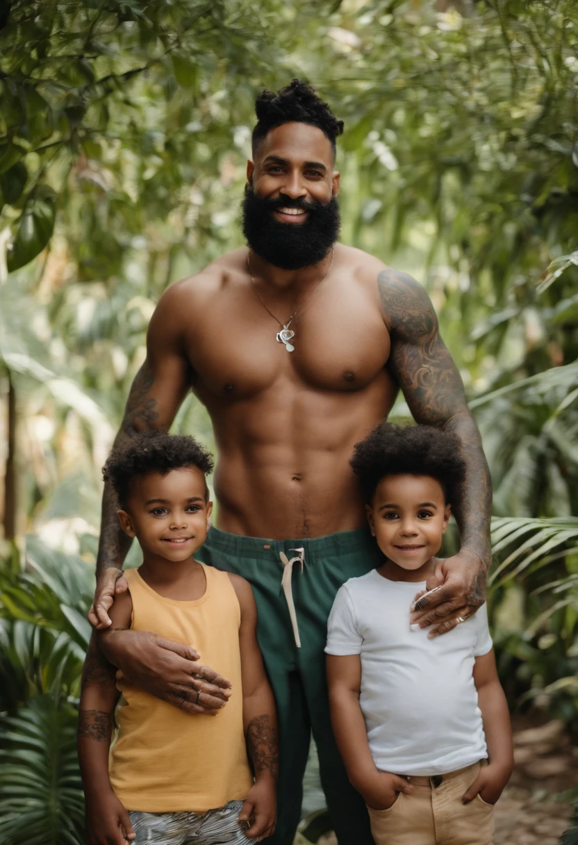 Um homem de 28 anos do cabelo preto curto, beard and tattoo on arms with his 28-year-old wife with black hair and some tattoos and his 2-year-old son with fair skin, brown and curly hair inspired by Pixar animation, de perto. The family takes center stage with captivating facial expressions, oferecendo um toque de irrealidade