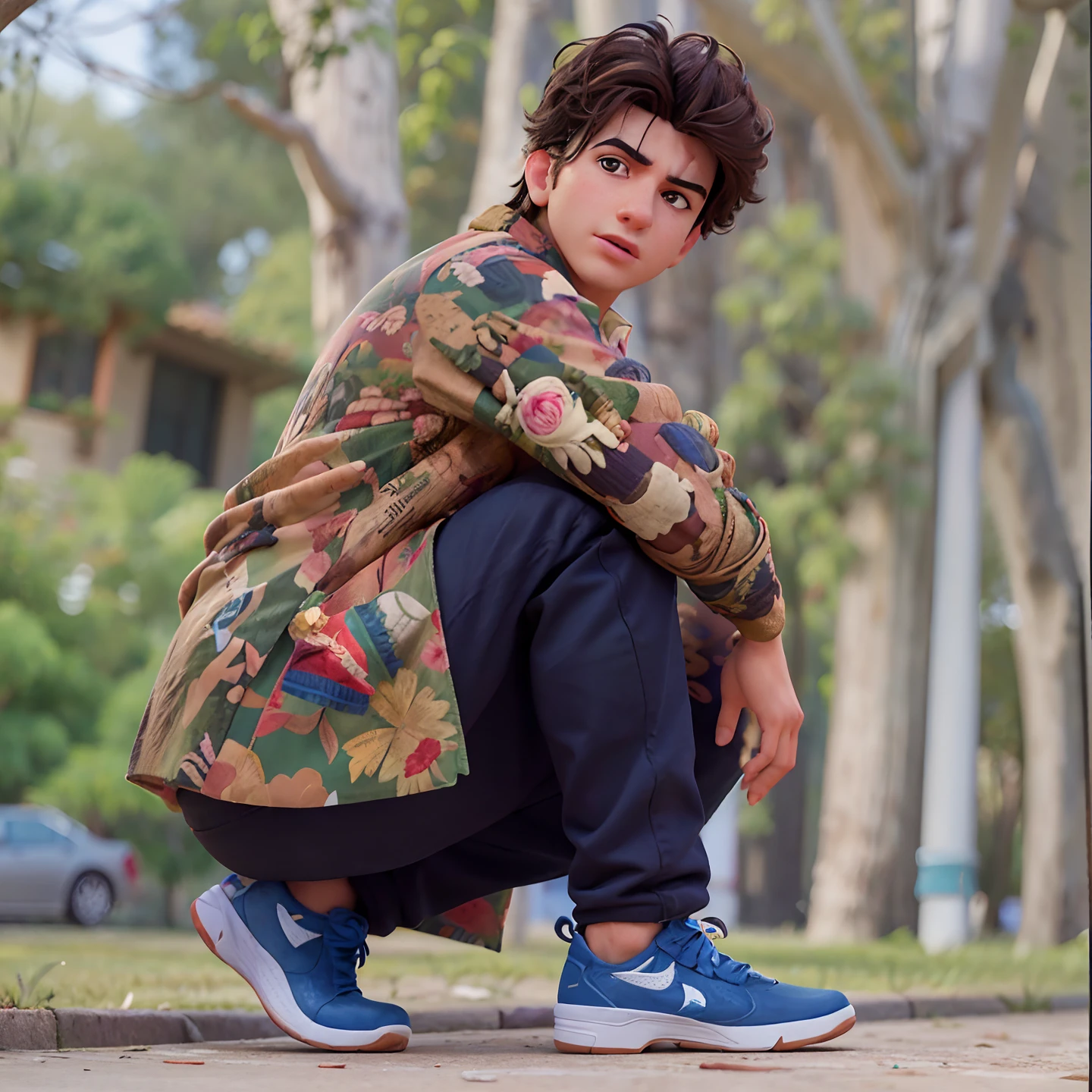 Homem agachado em um meio-fio com seu skate, caio santos, andrea rocha, daniel mirante, Amr Elshamy, Estilo Mohamed Chahin, Mohamed Chahin, by Almeida Júnior, suave em _ O pano de fundo, ele tem cabelos castanhos curtos e cacheados, Nick Drnaso, Jaime Jasso, Asher Duran