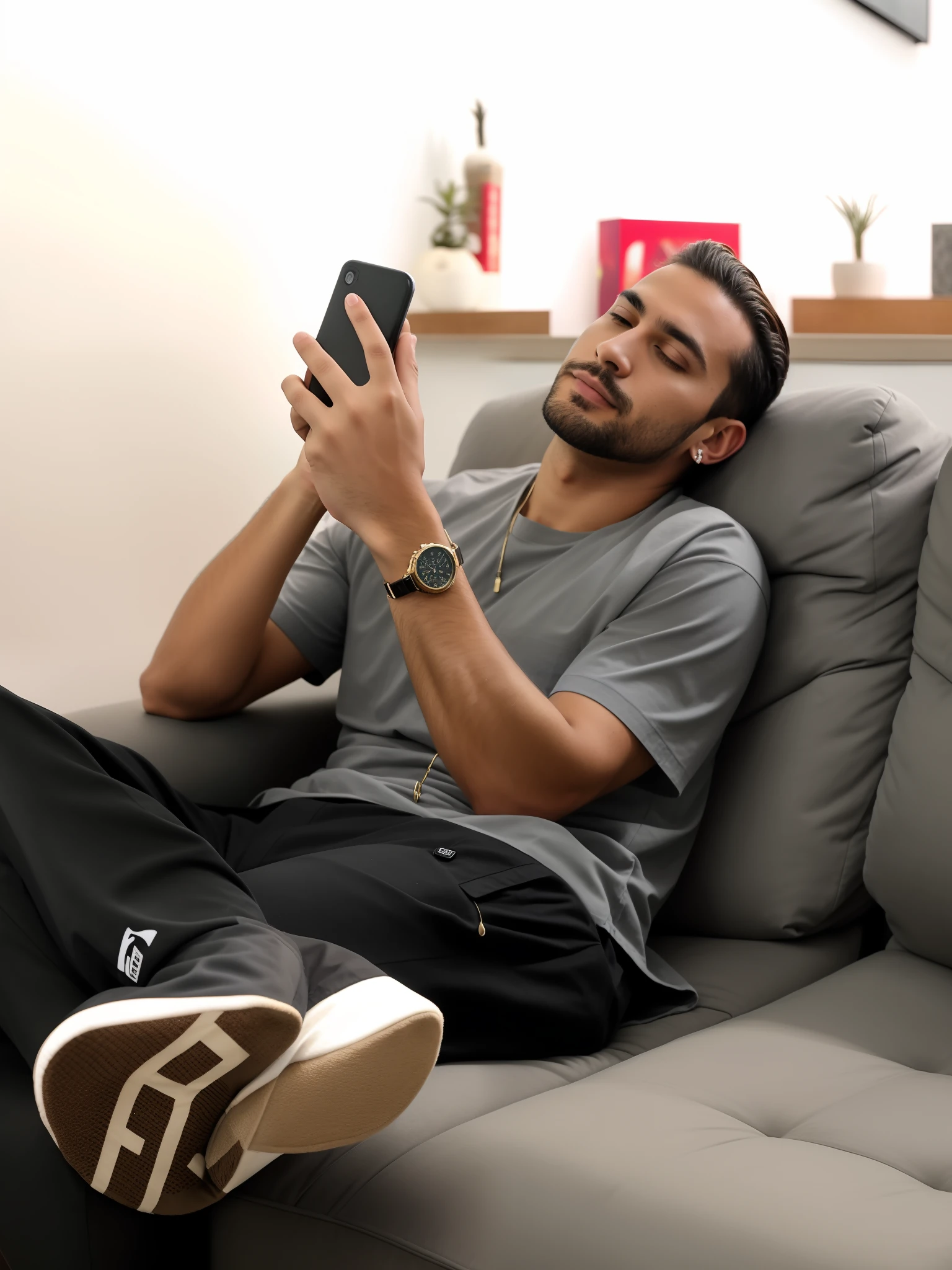 Araffe man sitting on a sofa using a mobile phone, olhando para o telefone dele, relaxing on the couch, relaxing on a couch, relaxing after a hard day, sitting on the couch, sitting on couch, taken in the early 2020s, sitting on a couch, arrepiante, relaxed pose, Estabelecimento, relaxante, sentado em um lounge, dropshipping dropshipping, TikTok Ads , marketing digital, cabelo com luzes , cor da pele pardo , brinco na orelha