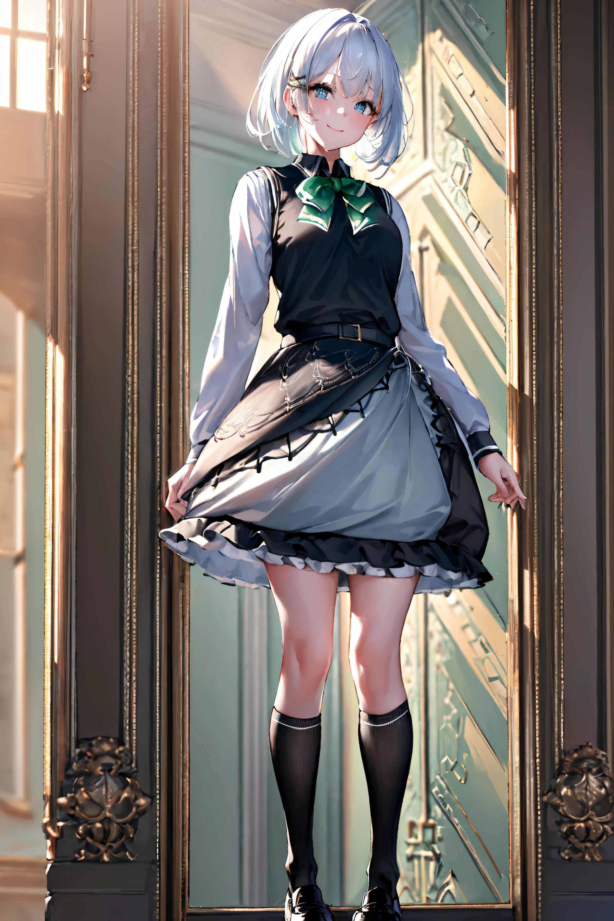 masterpiece, best quality, highres, 1girl white hair blue eyes x hair ornament,(wearing black footwear, kneehighs, green skirt, black socks, loafers, green bow, sweater vest, green ribbon:1.2), standing, leaning forward, arms behind back, smile, simple background,NSFW,official art,extremely detailed CG unity 8k wallpaper, perfect lighting, (masterpiece:1.0),(best_quality:1.0), ultra high res,4K,ultra-detailed, photography, 8K, HDR, highres, absurdres:1.2, Kodak portra 400, film grain, blurry background, bokeh:1.2, lens flare, (vibrant_color:1.2),(beautiful_face:1.5),(narrow_waist),(perfect hands, perfect anatomy),