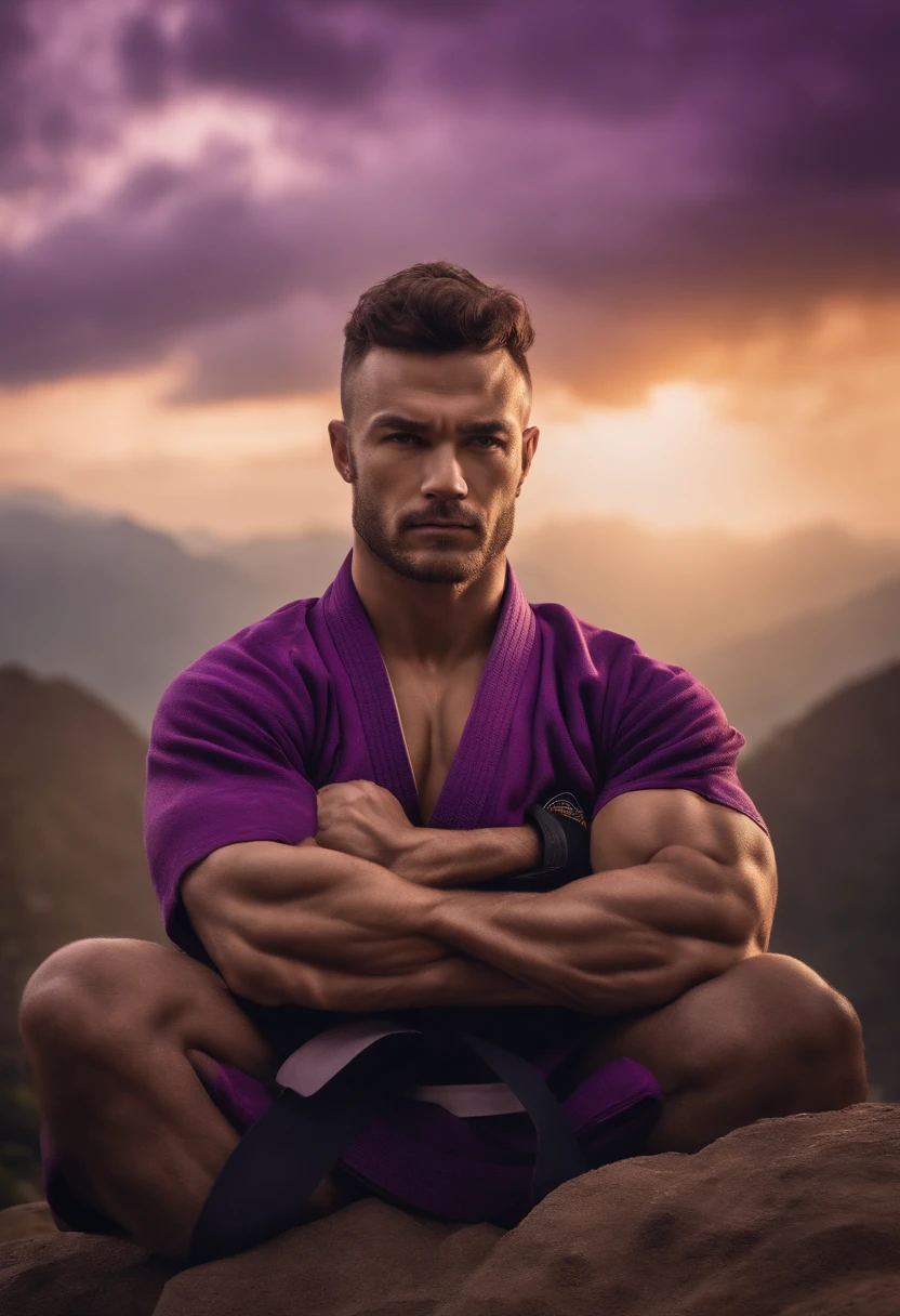 homem em frente a uma gigantesca montanha ao fundo, with arms crossed, Man in combat position, Quimono de jiu-jitsu, purple belt, 8k, hyper realista, detalhado.