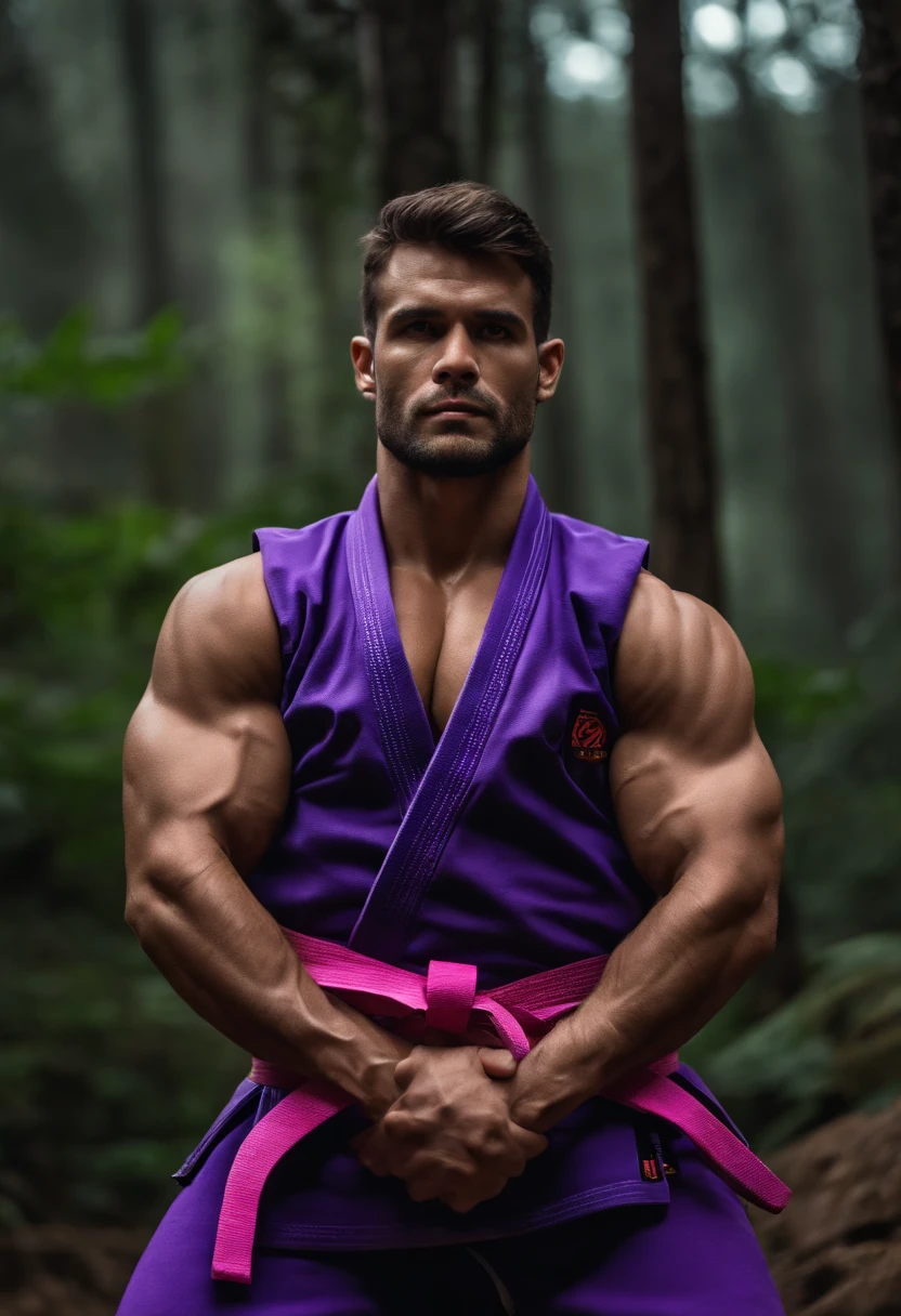 homem em frente a uma gigantesca montanha ao fundo, with arms crossed, Man in combat position, Quimono de jiu-jitsu, purple belt, 8k, hyper realista, detalhado.