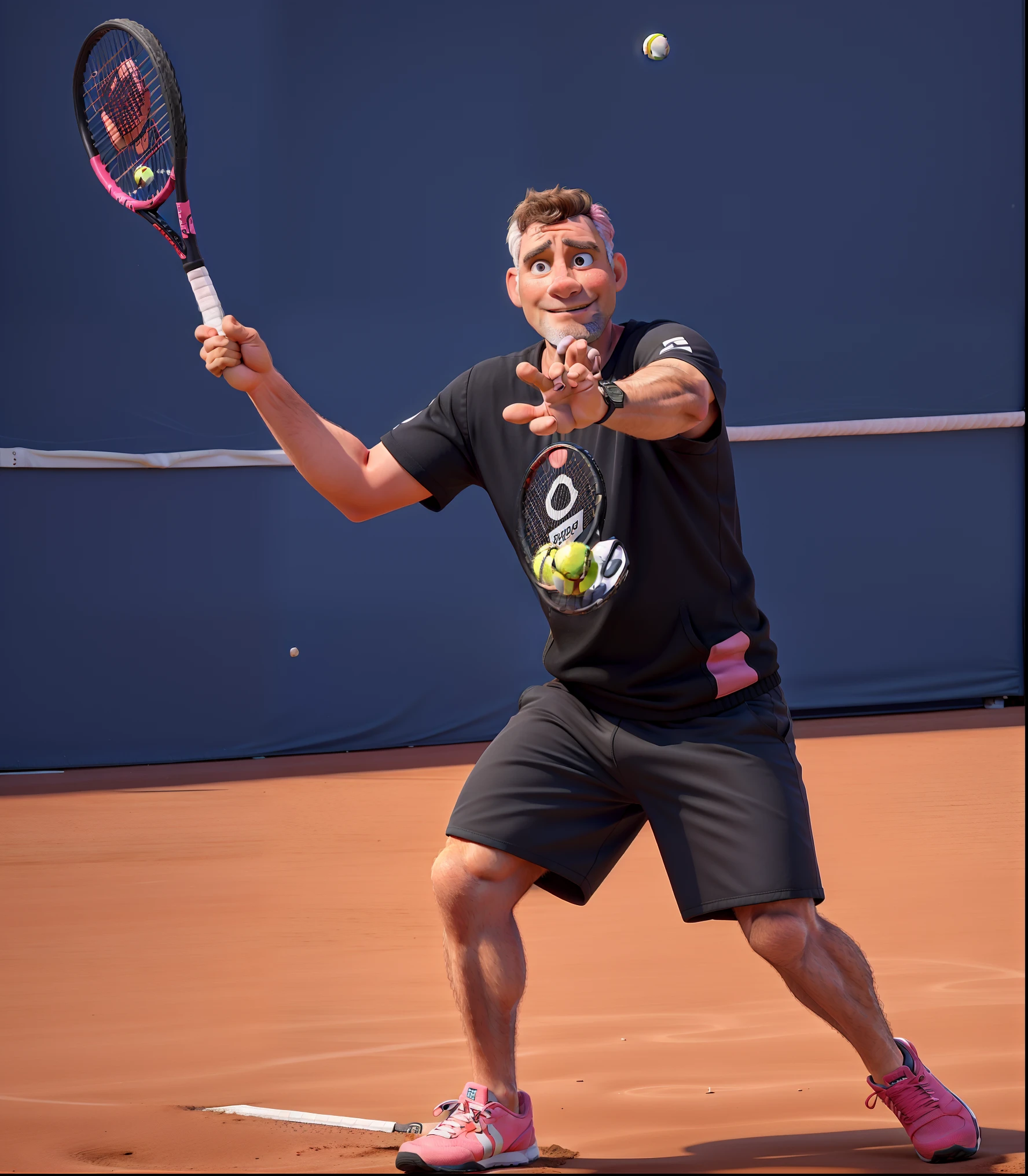master part, best quality, 43 year old man playing tennis, with black clothes and Pink sneakers.