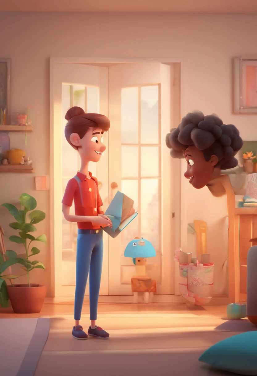 An illustration of an adorable couple, destacando um homem e uma mulher com bonito, Expressive eyes – the man's skin is black and the man's hair is bald and black, while the woman's skin is black and the woman's hair is curly and brown. They are a bright room, cada um com um sorriso no rosto, e compartilhar um momento especial caracterizado pelo amor, arroz, e insights educacionais. Illustrate this scene from a perspective where they are facing away from the camera, Showing Your Connection. Desenvolva esta arte em Full HD, Focus on your cinematic touch, Estilo Disney Pixar Animations