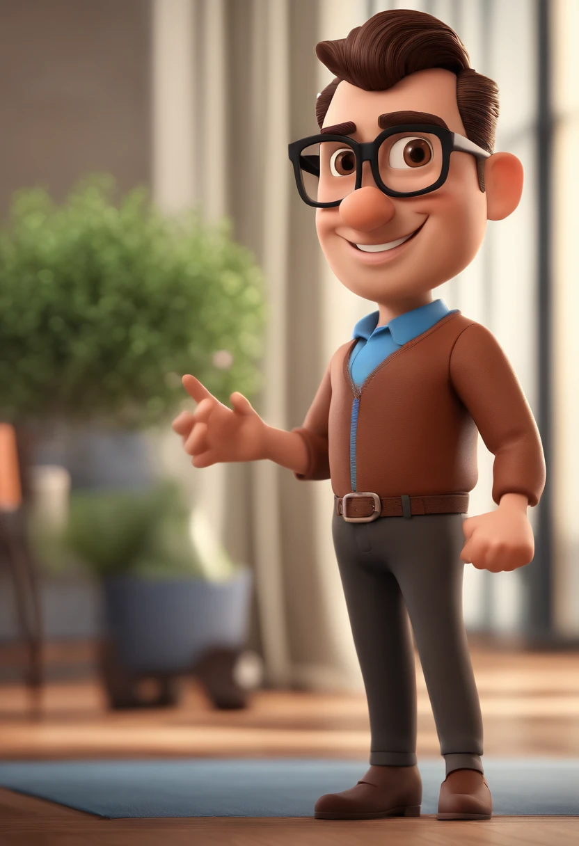 Cartoon character of a man with black glasses and a blue shirt, animation character, Caractere estilizado, animation style rendering, 3D estilizado, Arnold Maya render, 3 d render stylized, toon render keyshot, Personagem 3D, Personagem 3D, 3d rendering stylized, 3 d character render, personagem de desenho animado, Personagem de close up, Pose de personagem,  (Estilo Pixar) (master part:1.2) (Bokeh) (best quality) (pele detalhada) (textura detalhada) (8k) (argila) (Cinematic lighting) (foco nítido