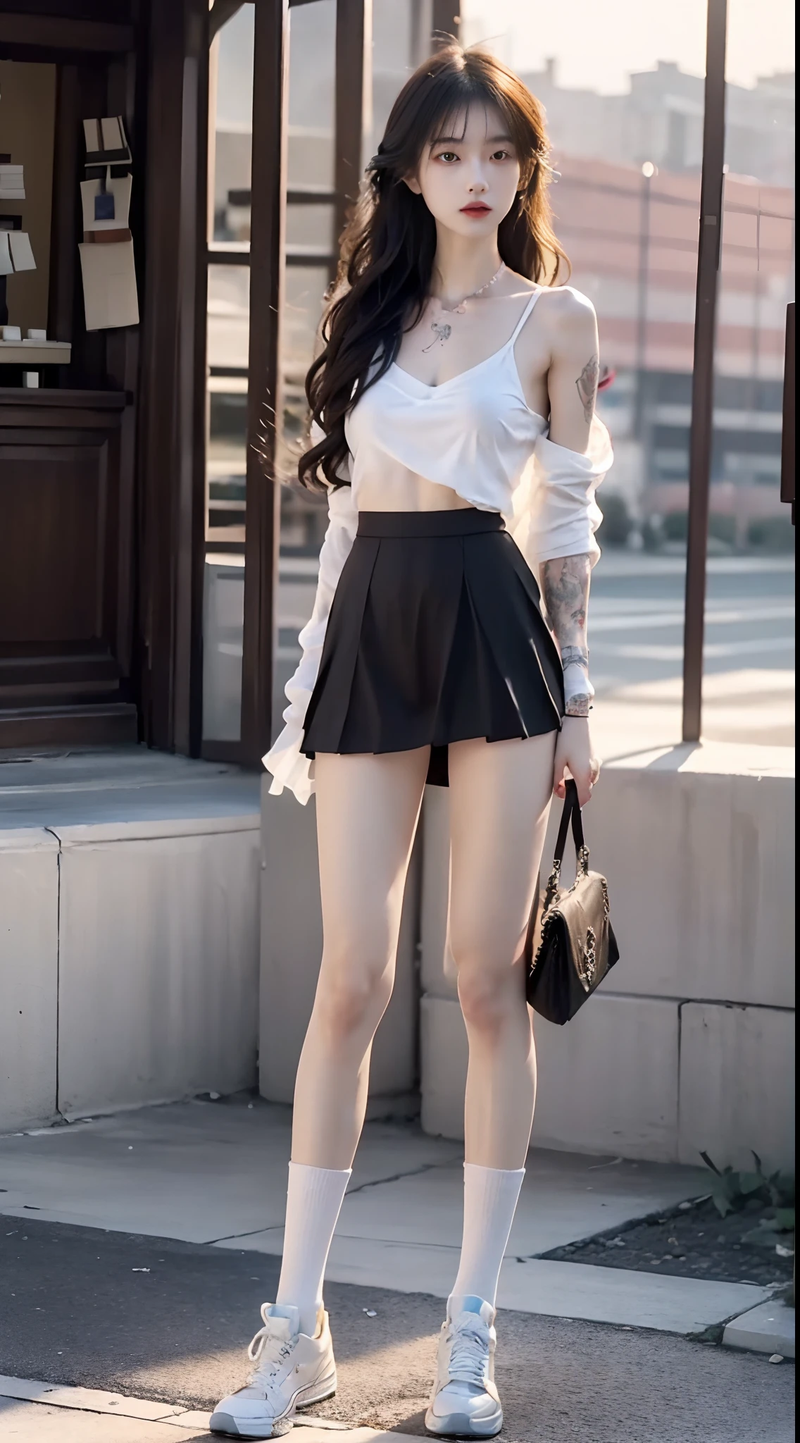 (stand posture,full bodyesbian:1.5),(1girll:1.3),(anatomy correct:1.4),(JK school uniform:1.2),(White mid-tube socks:1.3),(with tattoos:1.2),(wavy and long hair:1.1),(Accurate and delicate face:1.2),(Accurate and perfect legs:1.3),(Slender and slender figure,Skinny,Skinny:1.2),(Smaller bust:1.3),(Converse shoes:1.2),(bookbag:1.1),There is brownish-yellow mucus on the legs,hyper HD, Ray traching, reflective light,structurally correct, Award-Awarded, High detail, Fade-in and fade-out shadow contrast, Face lighting,Cinematic lighting, Masterpiece, super detailing, High quality, High detail, Best quality, 16k,High contrast