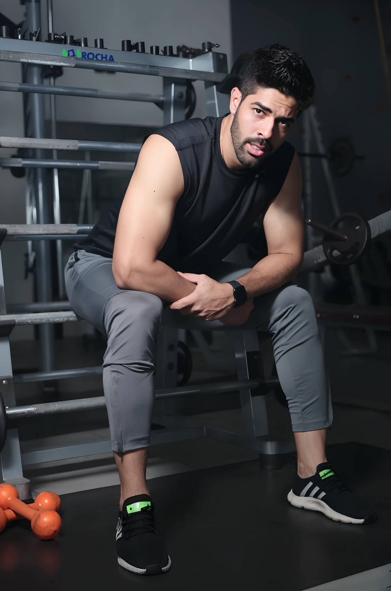 Homem sentado em um banco em uma academia com laranjas, in a menacing pose, usando equipamento de fitness, em uma academia, malhar, Amr Elshamy, menacing stare, meio tiro de um hunky, Raphael Lecoste, Condutor de Ene, imagem de perfil, Tiro de RP, foto fit, homem bonito, Tiro de corpo inteiro, imagem retrato