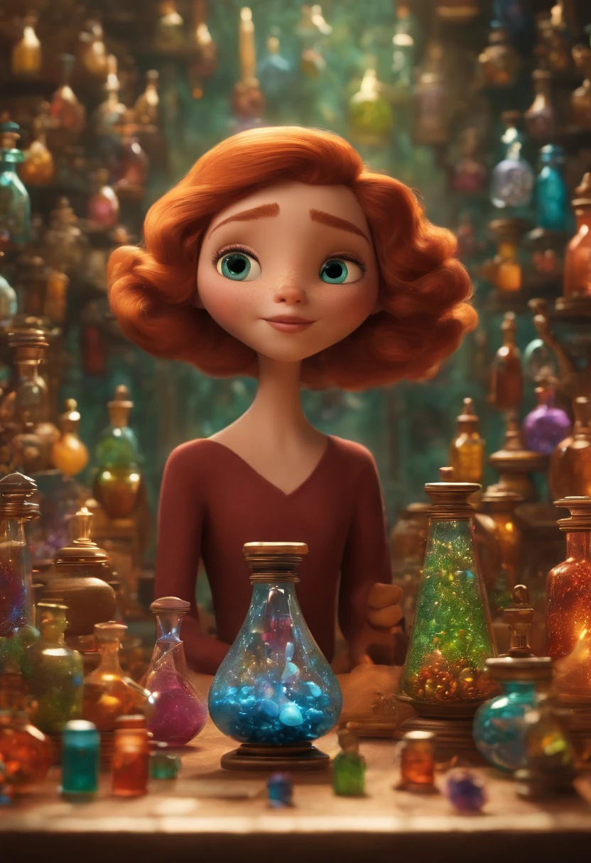 A collector of ideas inspired by Pixar animation, de perto. She is surrounded by a collection of magic vials, each containing a unique idea. The focus is on the character, with a captivating facial expression, Against a backdrop of shimmering, cores efervescentes.