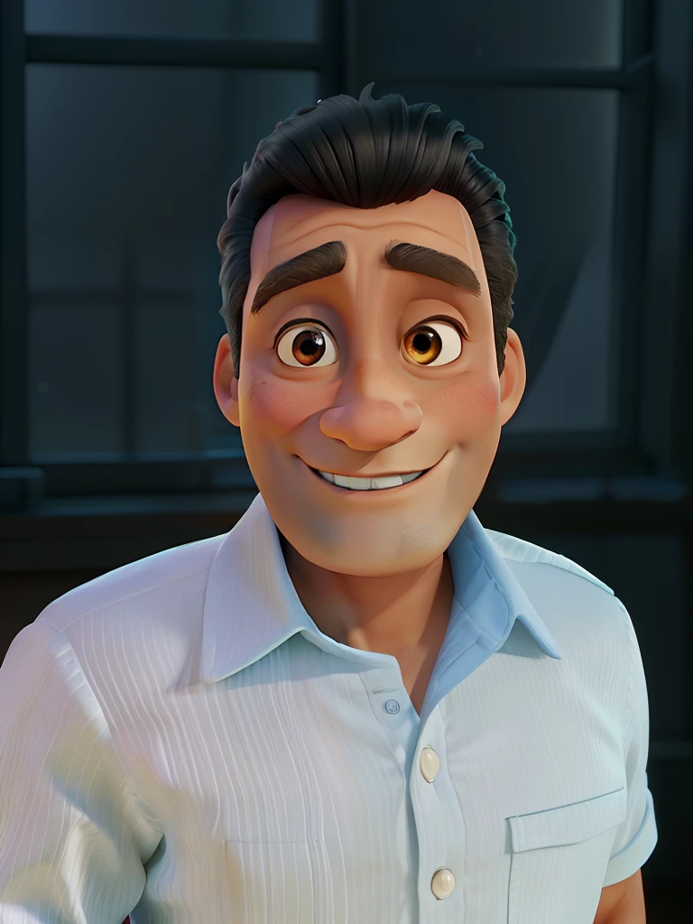Um homem vestindo um terno como o do Jack skellington, veste uma capa de bruxo prata, Next to it is a small round table with a golden candlestick and in the background a window, cortinas cor de vinho, poses while looking at the camera sideways, cabelos pretos, rosto com barba, pele negra, In his hand a dark Zul umbrella, The sky that appears in the window is dark and starry