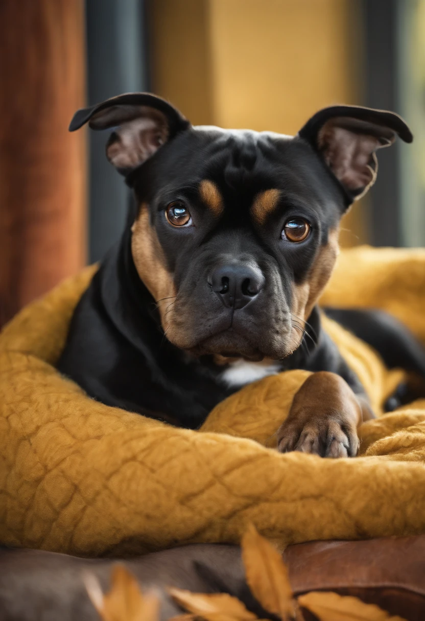 An image of a caramel pitbull dog, a black pug and a yellow cat, This image is inspired by a Pixar movie