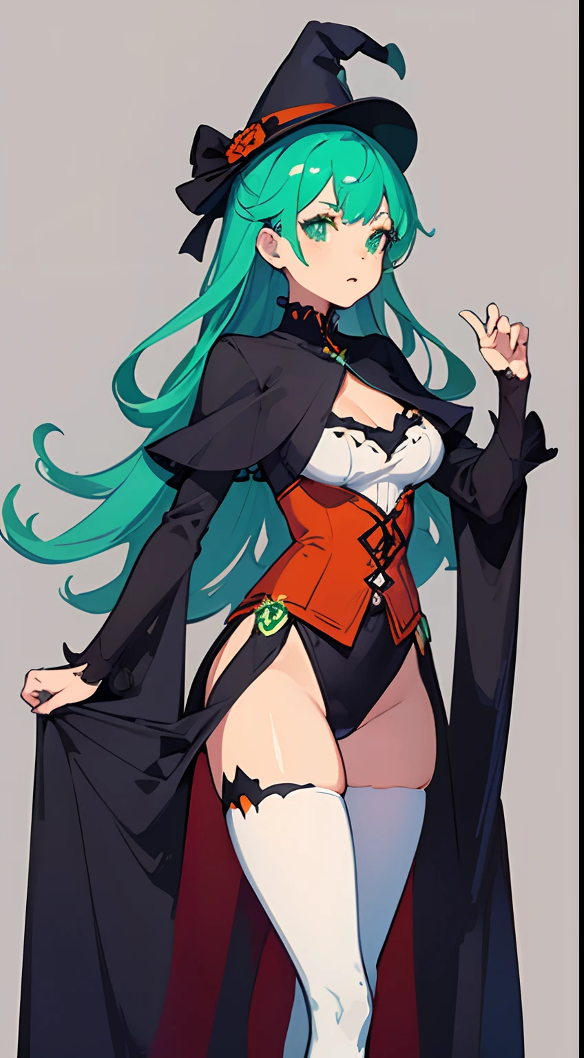 Halloween inspired character design, simple background, 1girl, solo, plain background, professional character design sheet, design sheet,full body, green, interesting character design, unique design,spooky, sexy, cool