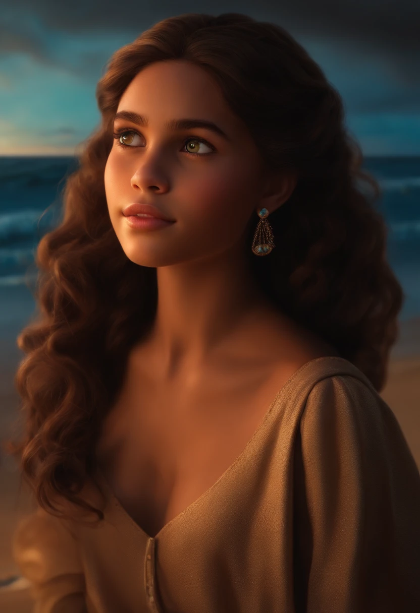 Um filme inspirado na Disney Pixar (MENINA  JOVEM COM CABELO LONGO CACHEADO PRETO) dentro A cena estar na arte distinta do estilo PIXAR, descolada e estilosa na praia