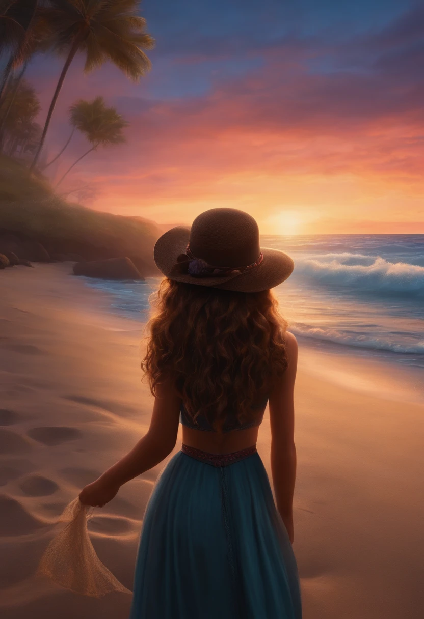 Um filme inspirado na Disney Pixar (MENINA JOVEM COM CABELO LONGO CACHEADO PRETO) dentro A cena estar na arte distinta do estilo PIXAR, descolada e estilosa na praia