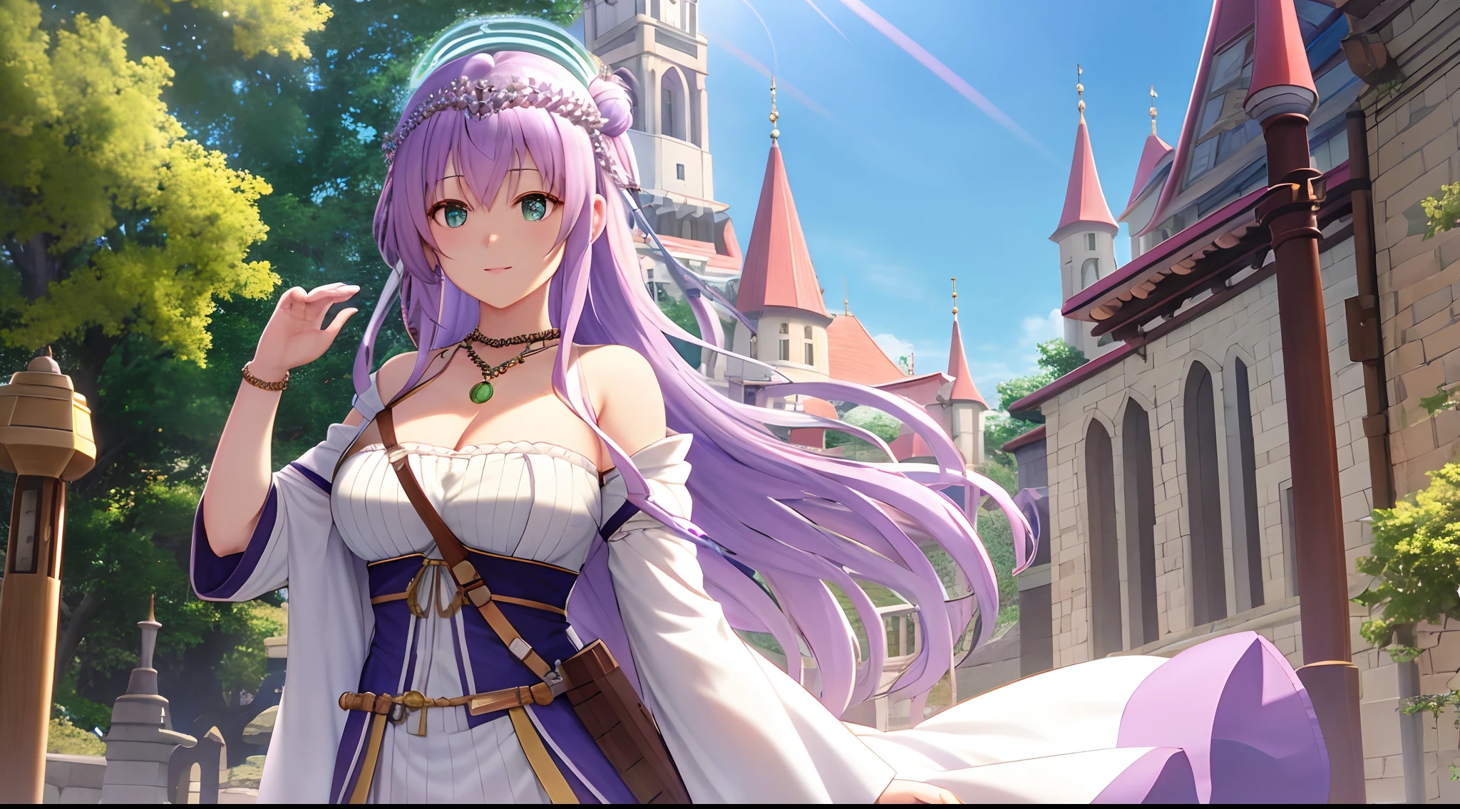 Athena with plain long light purple hair,hair between eyes,green eyes,rosy cheeks,full lips,thin eyebrows,slender body,wearing medieval knight armor and full long skirt,praying beads on neck,cute anime girl,full body,medieval bathhouse in background,anime style,Lumen Reflections,Screen Space Reflections,Diffraction Grading,Chromatic Aberration,GB Displacement,Scan Lines,Ray Traced,Anti-Aliasing,FXAA,TXAA,RTX,SSAO,Shaders,OpenGL-Shaders, GLSL-Shaders,Post Processing,Post-Production,cell Shading,Tone Mapping,CGI,VFX,SFX,insanely detailed and intricate, 4K,standing, solo, masterpiece, best quality, detailed face, detailed eyes, highres, standing, solo,masterpiece, best quality