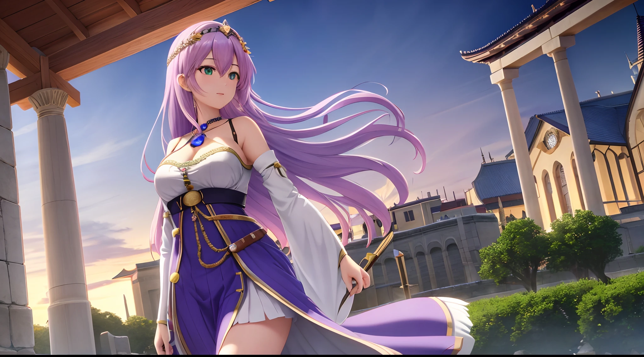 Athena with plain long light purple hair,hair between eyes,green eyes,rosy cheeks,full lips,thin eyebrows,slender body,wearing medieval knight armor and full long skirt,praying beads on neck,cute anime girl,full body,medieval bathhouse in background,anime style,Lumen Reflections,Screen Space Reflections,Diffraction Grading,Chromatic Aberration,GB Displacement,Scan Lines,Ray Traced,Anti-Aliasing,FXAA,TXAA,RTX,SSAO,Shaders,OpenGL-Shaders, GLSL-Shaders,Post Processing,Post-Production,cell Shading,Tone Mapping,CGI,VFX,SFX,insanely detailed and intricate, 4K,standing, solo, masterpiece, best quality, detailed face, detailed eyes, highres, standing, solo,masterpiece, best quality
