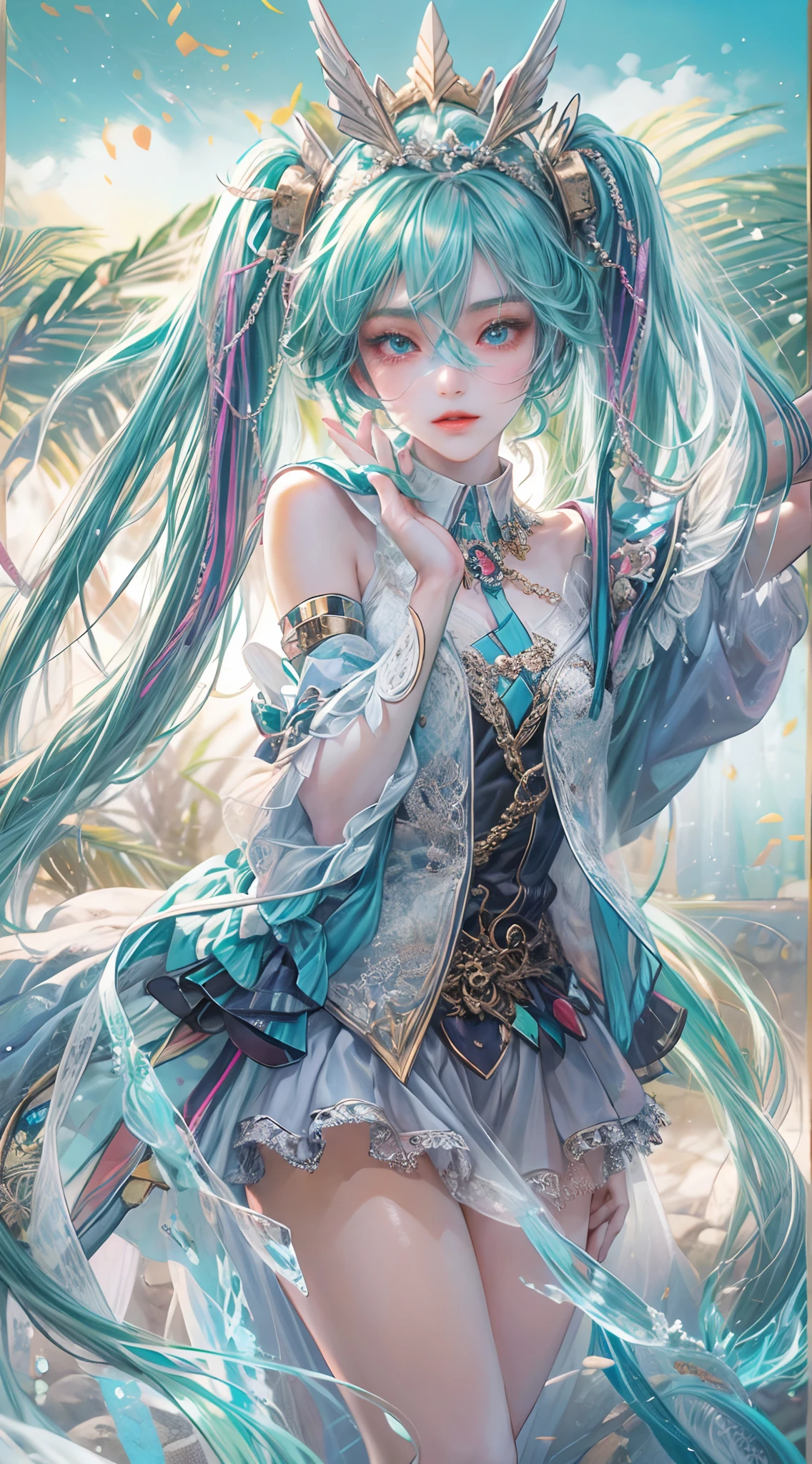 Absurdres masterpiece HDR high quality picture of Hatsune Miku, detailed face, detailed hair strands, beautiful face, simple pose, very long hair, ((random hair style:1 )) , anime eyes, light skin ,
Valkyrie outfit , detailed hair ornaments , beautiful background, masterpiece scenery