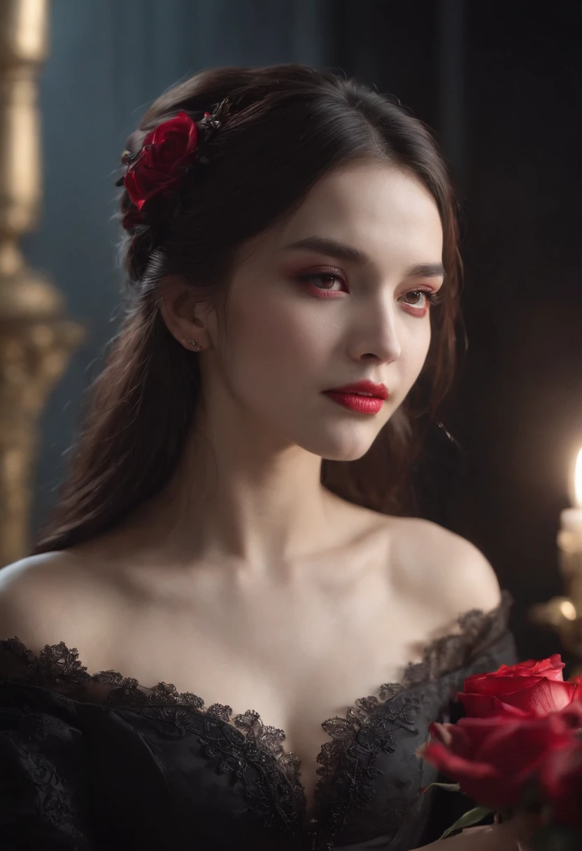 ((masterpiece)), Vampire Princess, (Absurd, highres, ultra-detail),1girls, backlighting, Bare shoulders, black background, Black Skothic Dress, Black and pink hair, Blood, cowboy shot, dress, Luxury antique earrings, expressionless, roses, light particle, long-haired, looking at the audience, Off Shoulder Gothic Antique Bone Design Set, Rose petals, Red Eyes,smirk,toothpaste,bath.