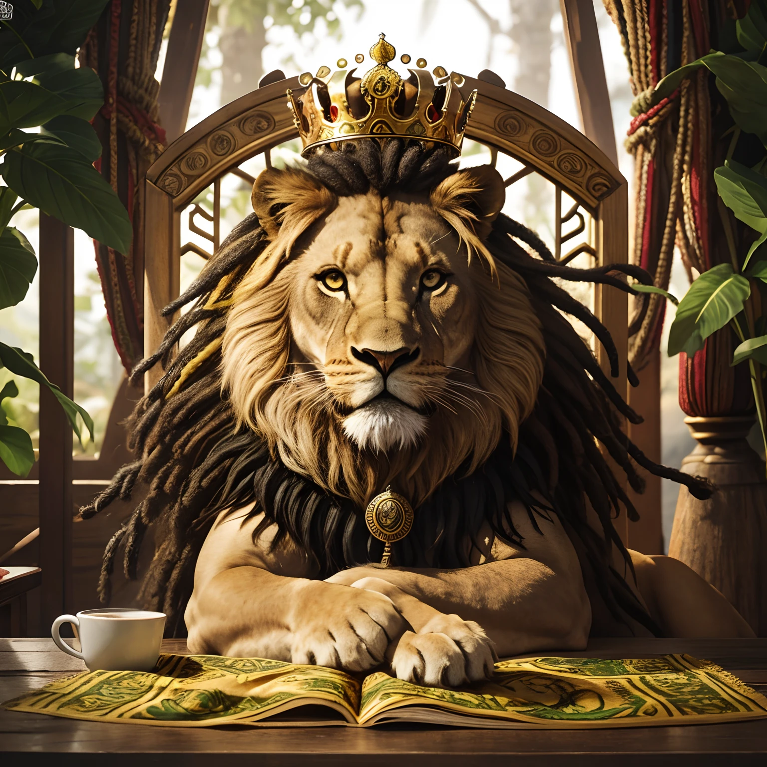 Create a lion with dreadlocks and a king's crown. Sentado em um trono na selva com montanhas ao fundo. Ao lado direito uma caneca de cerveja e do lado esquerdo uma bandeira verde, amarelo e vermelho.