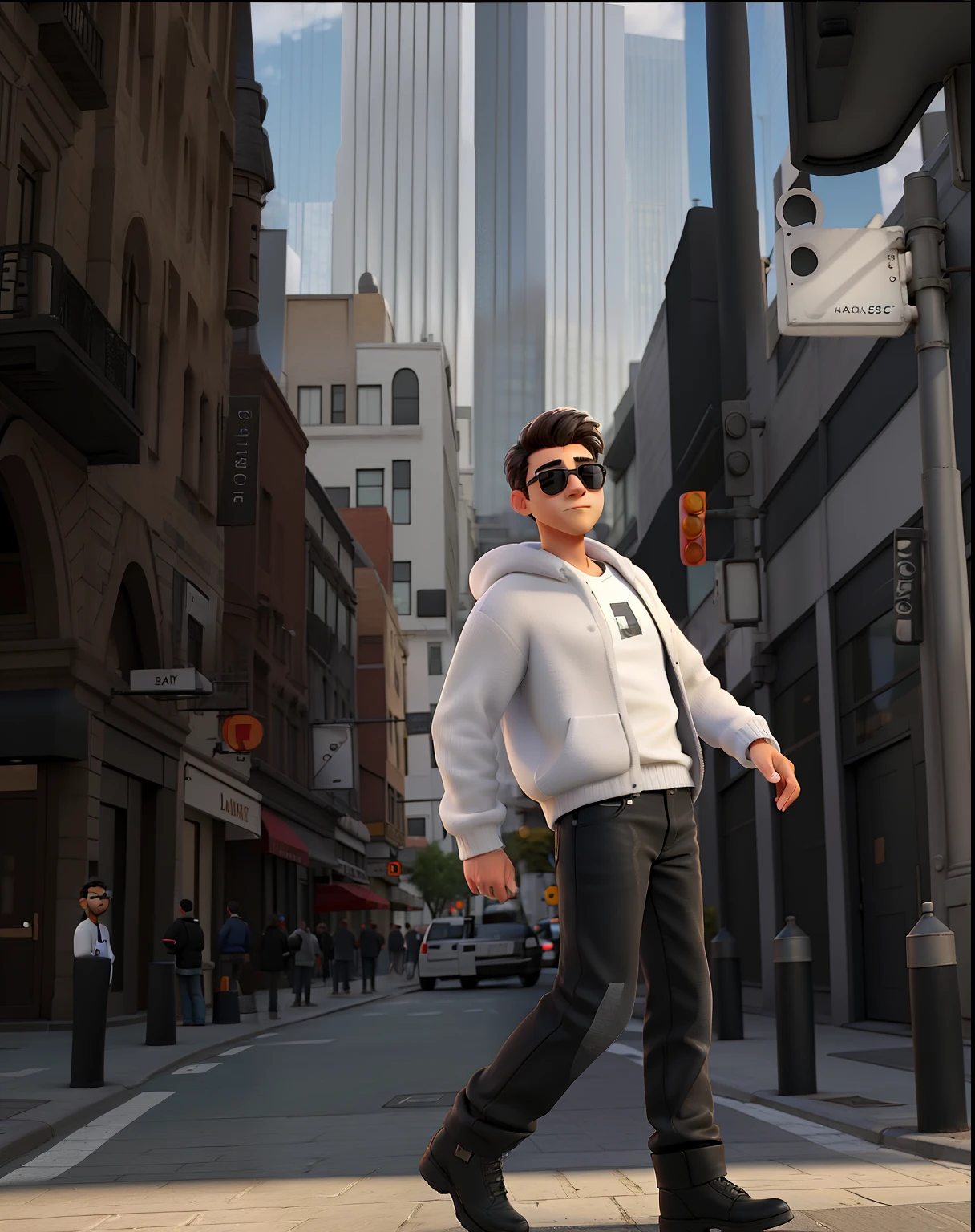 Man on the street, with sunglasses and white sweater, black jeans and black boots