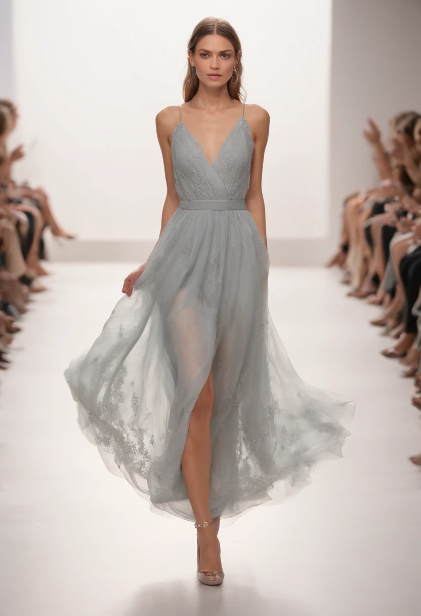 a drawing of a woman walking down a runway with a dress on, an ink drawing by Olga Boznańska, tumblr, figurative art, detailed fashion illustration, fashion illustration, luxury fashion illustration, blurry and dreamy illustration, a beautiful artwork illustration, wearing a flowing dress, inky illustration, flowing dress, sketch illustration, mixed media style illustration
