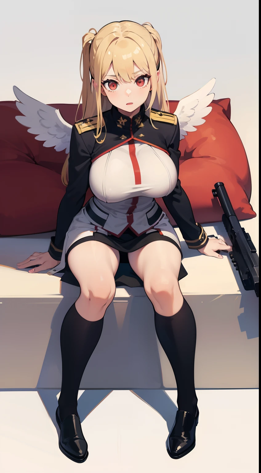 black hair, long hair, parted bangs, 1girl, blood, squatting, solo, very_long_hair, serafuku, navel, school_uniform, breasts, skirt, choker, black_serafuku, looking_at_viewer, black_skirt, midriff, black_footwear, gloves, high_heels, teeth, sleeves_rolled_up, jacket, large_breasts