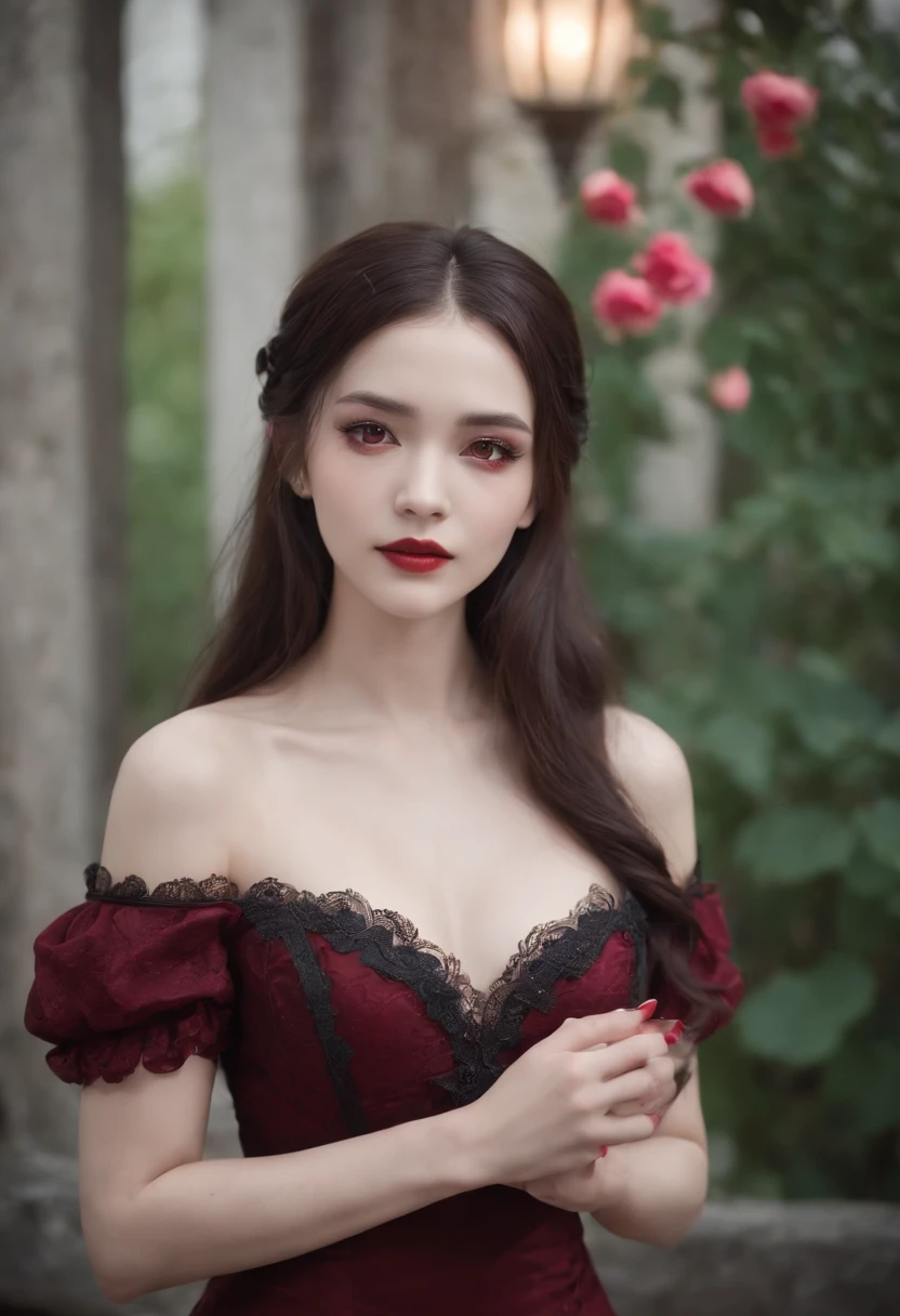 ((masutepiece)), Vampire Princess, (Absurd, hight resolution, ultra-detailliert),1girl in, Backlighting, Bare shoulders, Black background, Black Scochic Dress, Black and pink hair, Blood, Cowboy Shot, Dress, Luxury Antique Earrings, deadpan, roses, light Particle, long-haired, gaze at the audience, Off-Shoulder Gothic Antique Bone Design Set, Rose petals, Red Eyes,Smirk,tooth brushing,Bath.Red dress