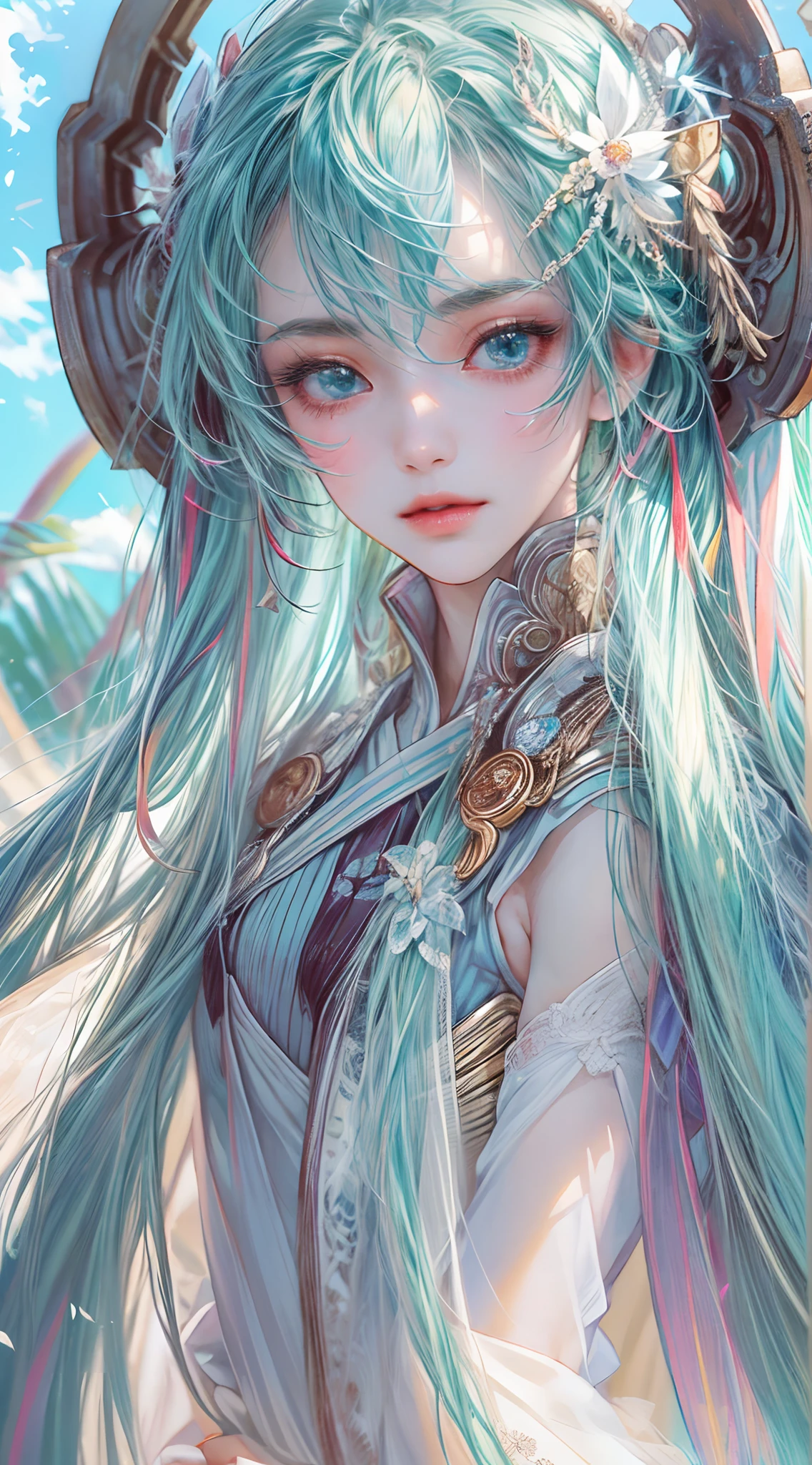 Absurdres masterpiece HDR high quality picture of Hatsune Miku, detailed face, detailed hair strands, beautiful face, simple pose, very long hair, ((random hair style:1 )) , anime eyes, light skin ,
Valkyrie outfit , detailed hair ornaments , beautiful background, masterpiece scenery