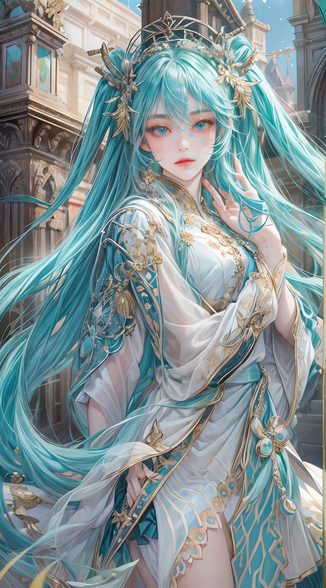 Absurdres masterpiece HDR high quality picture of Hatsune Miku, detailed face, detailed hair strands, beautiful face, simple pose, very long hair, ((random hair style:1 )) , anime eyes, light skin , 

Valkyrie outfit , detailed hair ornaments  , beautiful background, masterpiece scenery