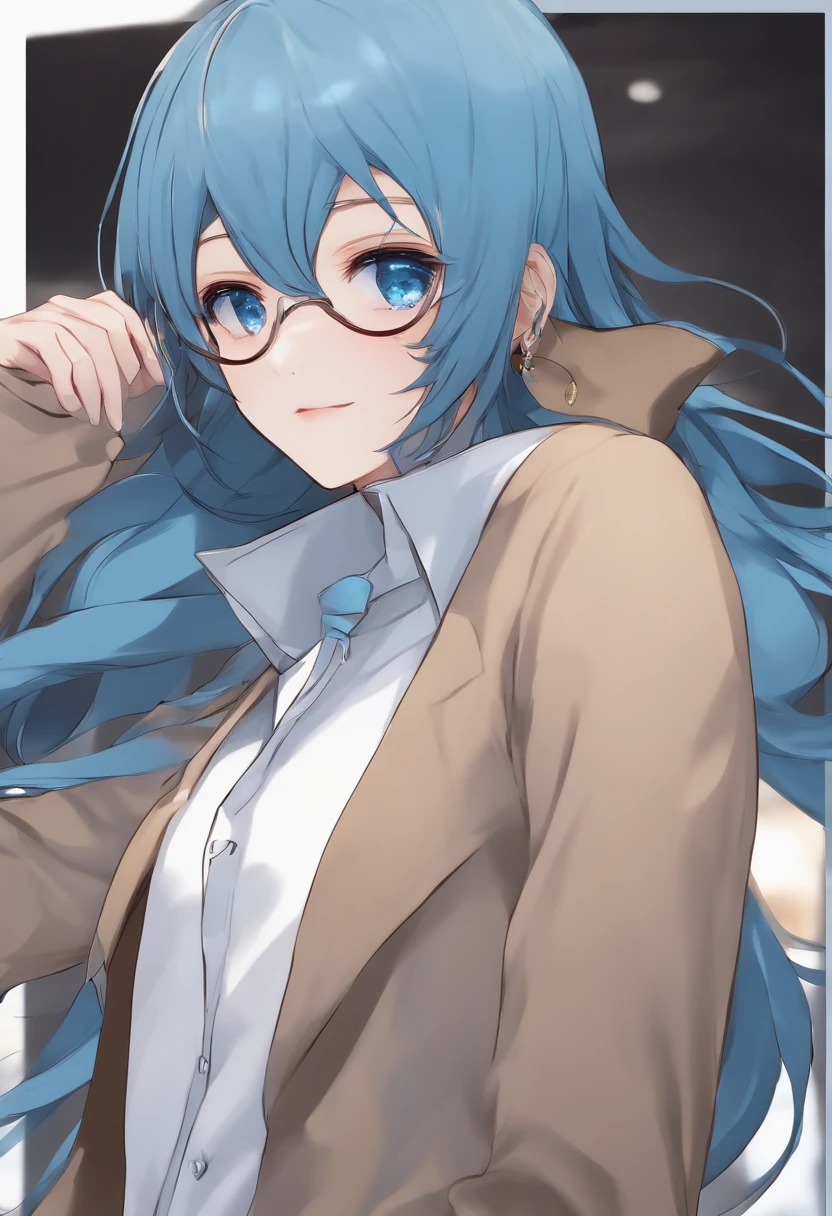 Um closeup de uma pessoa com cabelo azul vestindo uma jaqueta branca, Estilo anime 4D, rosto alto do anime com olhos azuis, !! retrato de corpo inteiro!!, anime, moe artstyle anime, full body single character, corpo inteiro!!, anime full body illustration, personagem estilo anime, cheio_corpo!!, modelo de corpo inteiro vtuber anime, cor azul sorando com carinho de compra