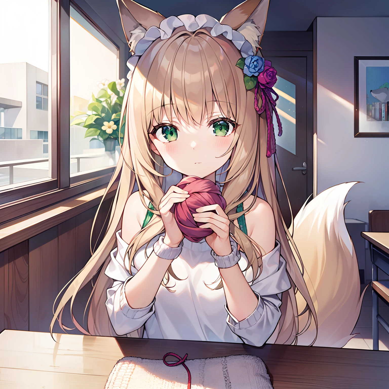 (Masterpiece, Best quality, high resolution), 1girll, Solo, Oversized fox tail，Long brown hair，Green eyes，Small flower headdress, (13-year-old junior high school student)，Modern architecture，On The Home，Girl knitting a hand towel on the table，Wear white casual clothes，