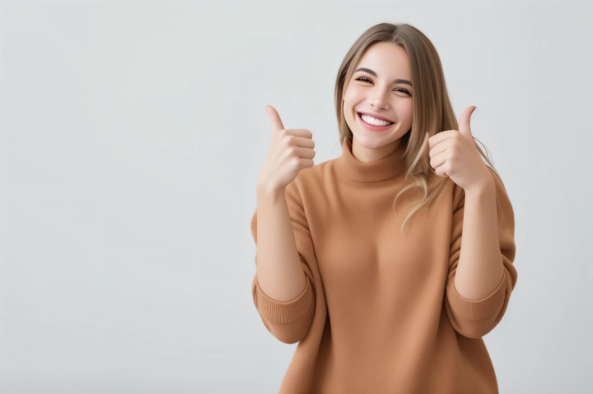 A woman in a brown sweater is holding thumbs up, making the best smug smile, dando um polegar para cima, dando os polegares para cima, she is smiling and excited, Aprovado, smiling confidently, Pose satisfeita, mulher sorridente, Mulher jovem sorridente, ela expressando alegria, feliz, meninante, she is smiling and happy, mulher atraente