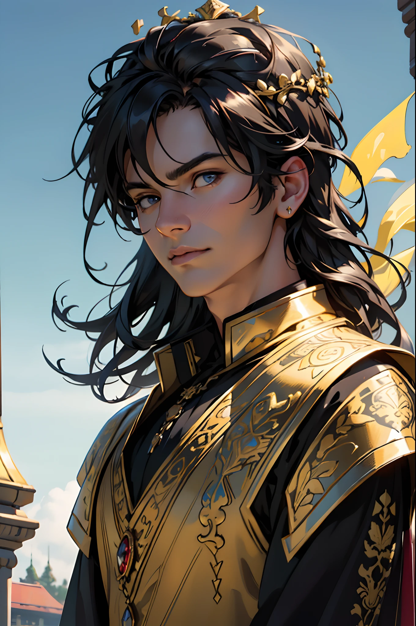 (best quality,4k,8k,highres,masterpiece:1.2),ultra-detailed,(realistic,photorealistic,photo-realistic:1.37),man with black hair and a floating crown above his head,vibrant colors,dramatic lighting,portraits,fantasy,ethereal,floating crown,luxurious materials,elaborate details,regal posture,confident expression,royal attire,ornate patterns,eye-catching composition,sharp focus,professional,bokeh