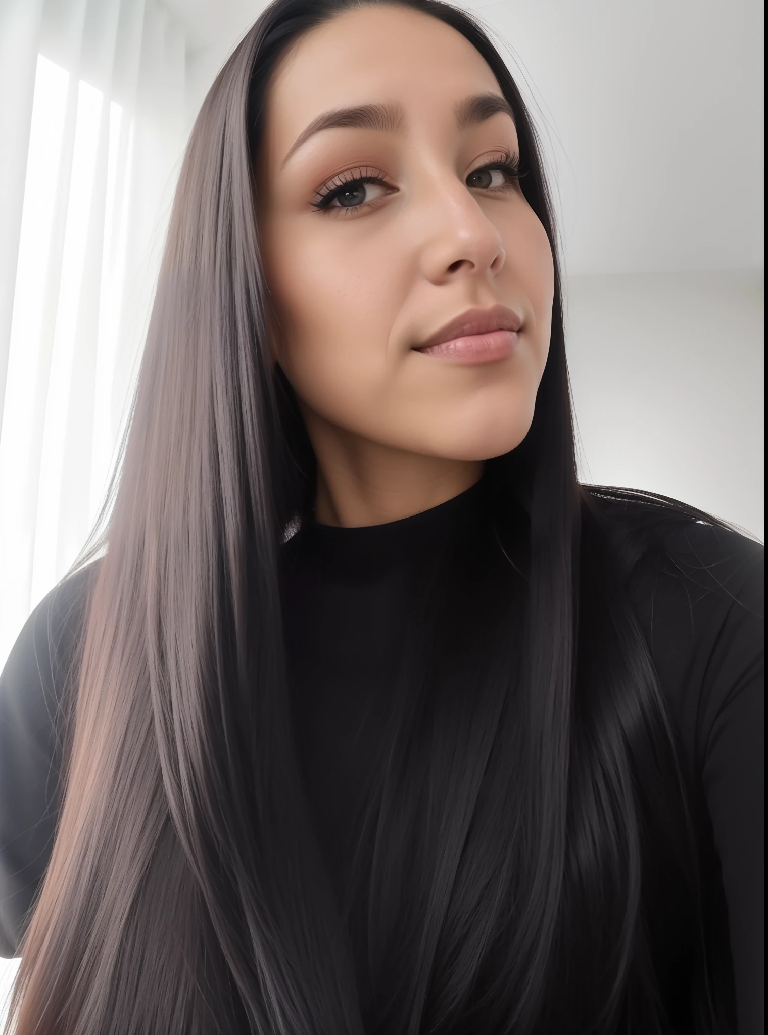there is a woman with long hair and a black shirt, 3 0 anos de idade mulher, Mulher de 30 anos, com cabelo preto liso, female with long black hair, foto de perfil headshot, mulher nova com cabelo escuro longo, imagem frontal, selfie de uma jovem mulher, looking away from camera, imagem de qualidade muito baixa, staring directly at camera, longos cabelos escuros