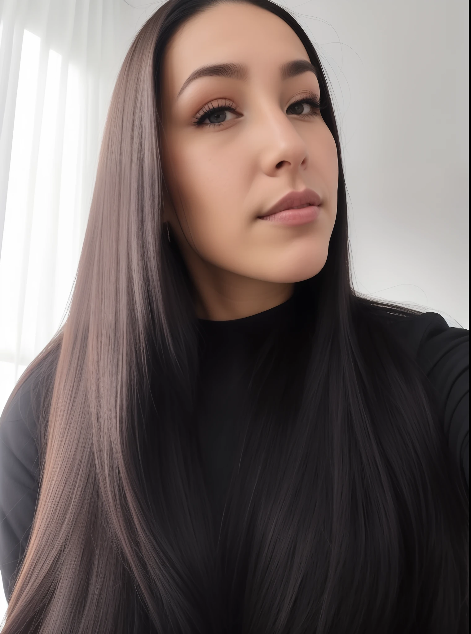 there is a woman with long hair and a black shirt, 3 0 anos de idade mulher, Mulher de 30 anos, com cabelo preto liso, female with long black hair, foto de perfil headshot, mulher nova com cabelo escuro longo, imagem frontal, selfie de uma jovem mulher, looking away from camera, imagem de qualidade muito baixa, staring directly at camera, longos cabelos escuros