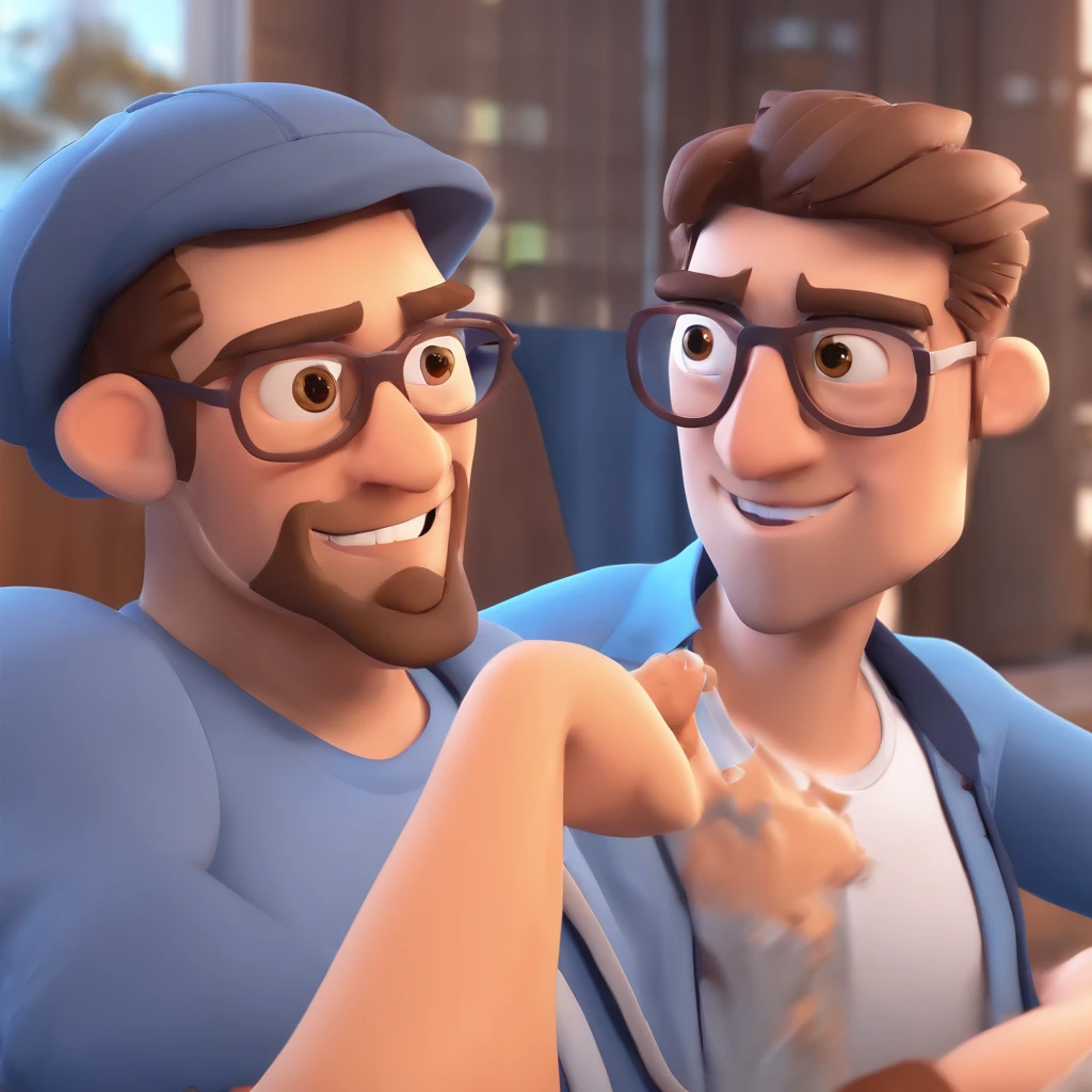 Criar um personagem no estilo Pixar. Trata-se de um homem de 29 anos, com barba ruiva, Branco, com cabelos ruivo escuro (quase castanho), bem curtos, wears a black kippah, and a square pair of glasses with rounded edges, not skinny, not fat , altura mediana,  usa um jaelco, It's sorringoe brown eyes. Ele deve estar na frente de um acelrador linear (Radiation Therapy Machine, because he is a radiotherapist.