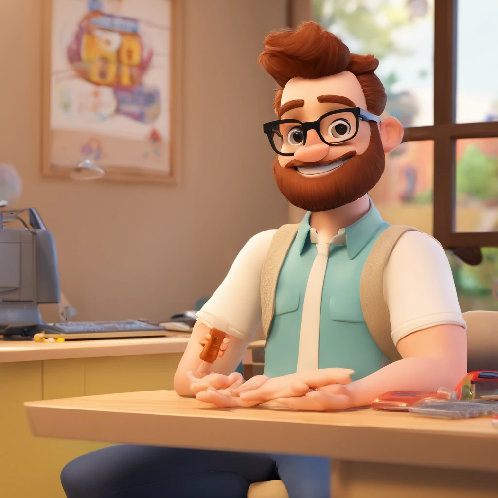 Criar um personagem no estilo Pixar. Trata-se de um homem de 29 anos, com barba ruiva, Branco, com cabelos ruivo escuro (quase castanho), bem curtos, wears a black kippah, and a square pair of glasses with rounded edges, not skinny, not fat , altura mediana,  usa um jaelco, It's sorringoe brown eyes. Ele deve estar na frente de um acelrador linear (Radiation Therapy Machine, because he is a radiotherapist.
