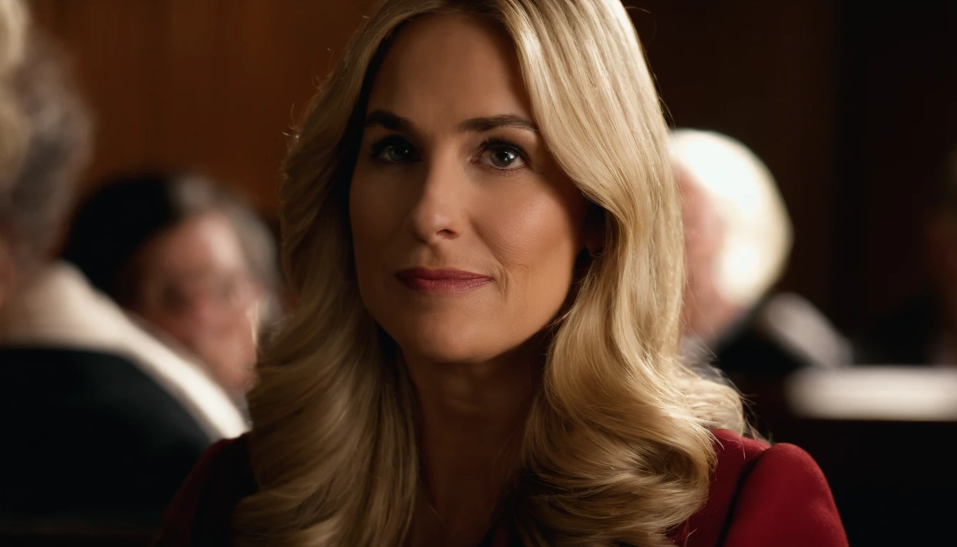 Describe a blonde judge with long hair in a courtroom using detailed language. Include information about physical appearance, como cabelo, Eyes and facial expression, as well as the typical attire of a judge. Emphasize traits that highlight your authority and impartiality in the courtroom.