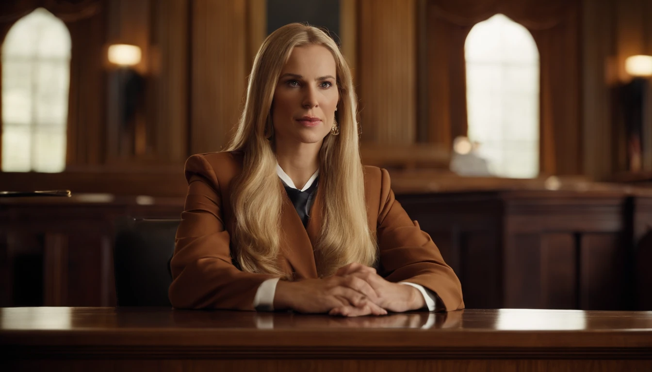 Describe a blonde judge with long hair in a courtroom using detailed language. Include information about physical appearance, como cabelo, Eyes and facial expression, as well as the typical attire of a judge. Emphasize traits that highlight your authority and impartiality in the courtroom.