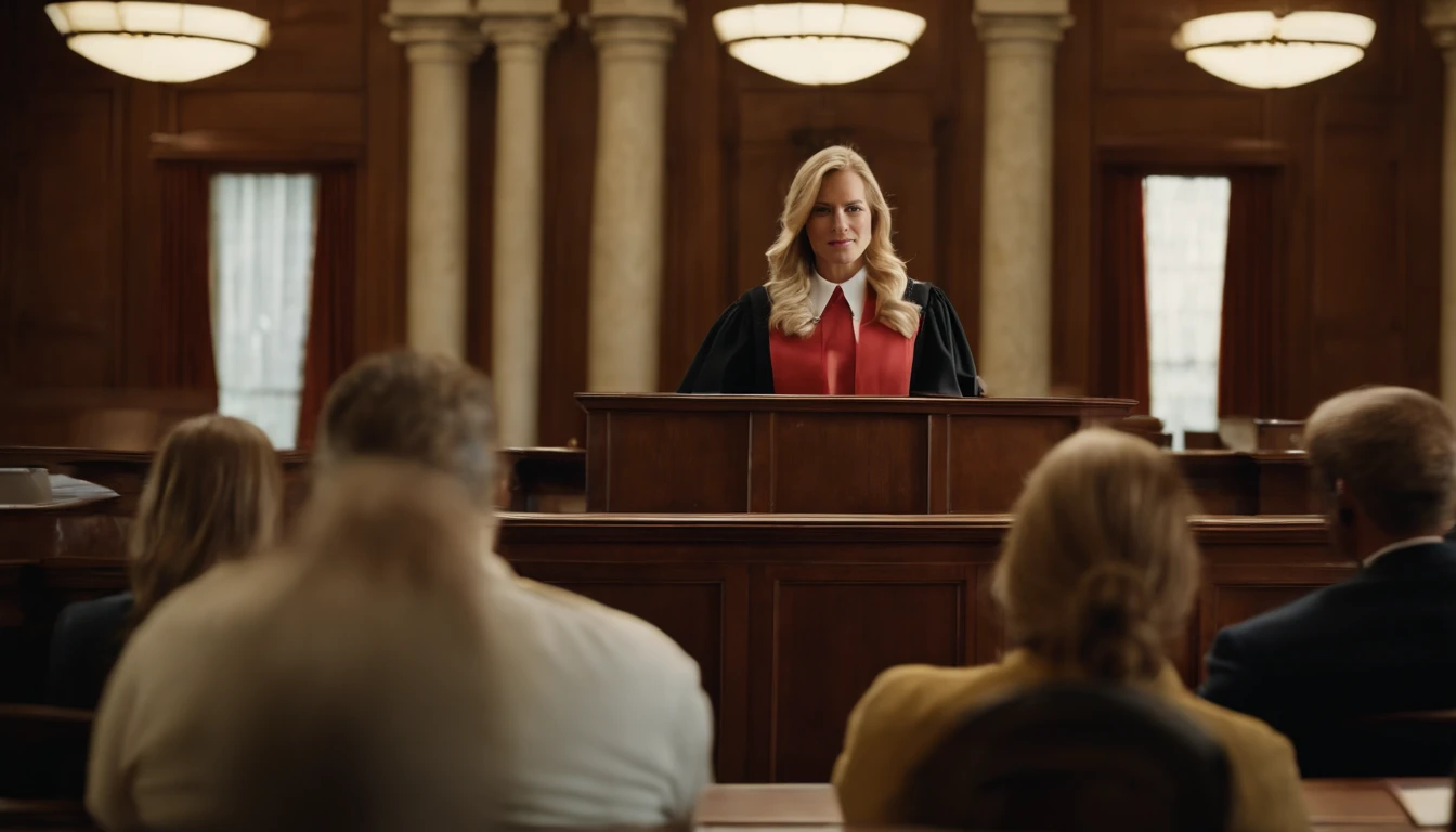 Describe a blonde judge with long hair in a courtroom using detailed language. Include information about physical appearance, como cabelo, Eyes and facial expression, as well as the typical attire of a judge. Emphasize traits that highlight your authority and impartiality in the courtroom.