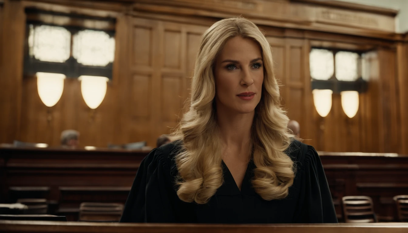 Describe a blonde judge with long hair in a courtroom using detailed language. Include information about physical appearance, como cabelo, Eyes and facial expression, as well as the typical attire of a judge. Emphasize traits that highlight your authority and impartiality in the courtroom.
