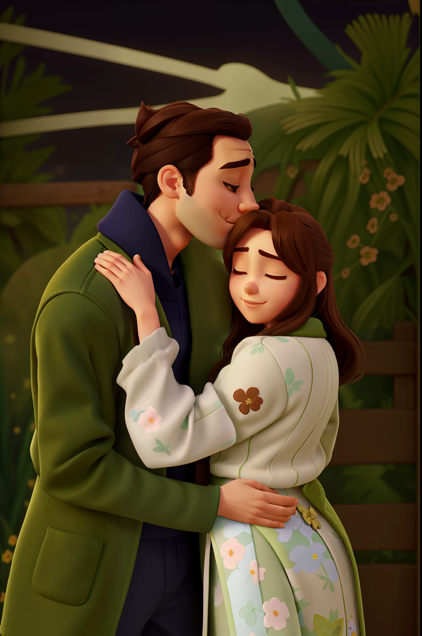 couple cuddling, man in green overcoat and samurai-style hair, eyes closed, giving a kiss on the woman's head, woman with brown hair, eyes closed, floral dress with slightly transparent sleeves. background with vegetation, pixar model