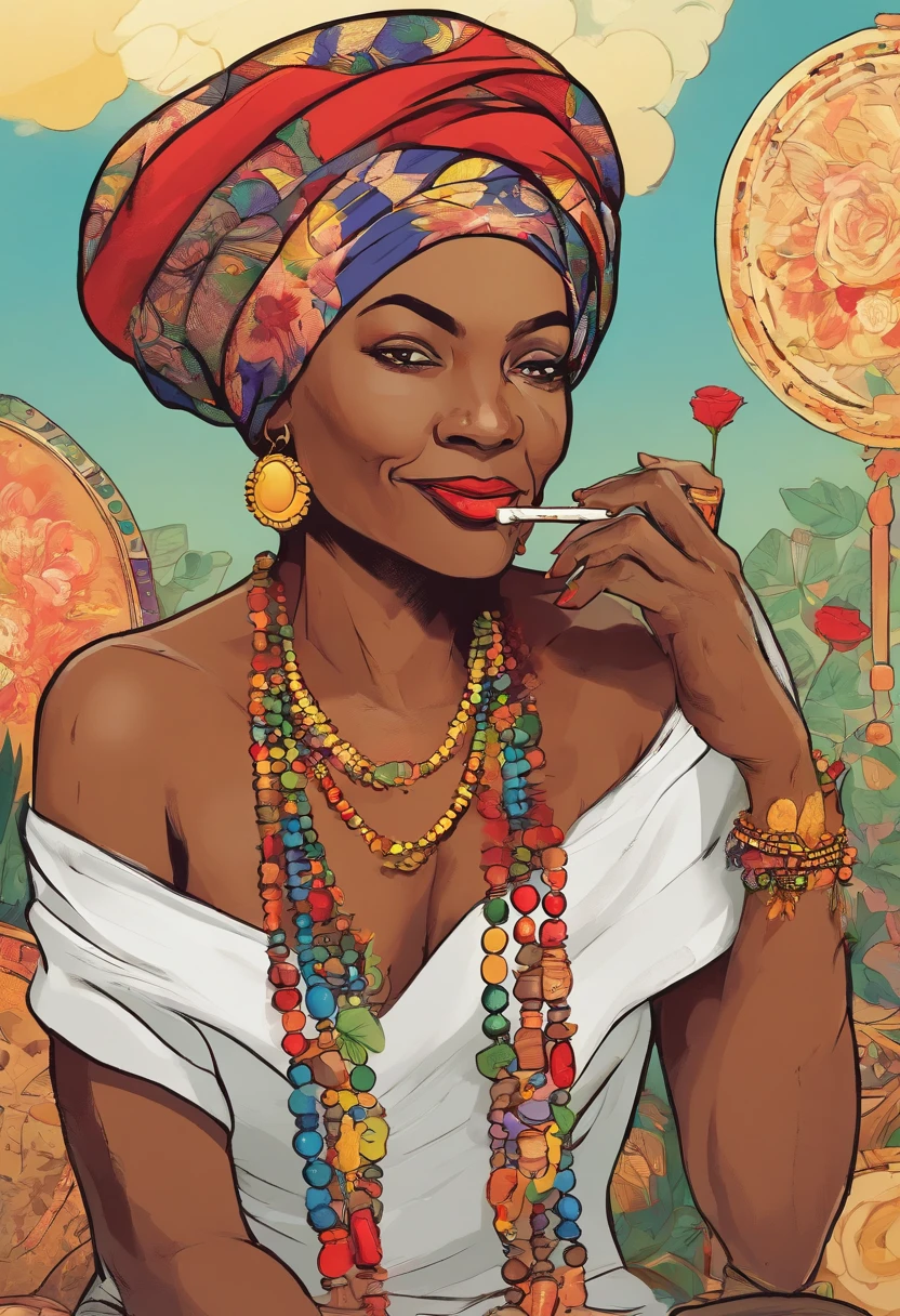 Old black woman smoking cigar wearing with turban and red roses on head, Roll up a white linen dress and wear several colorful beaded necklaces