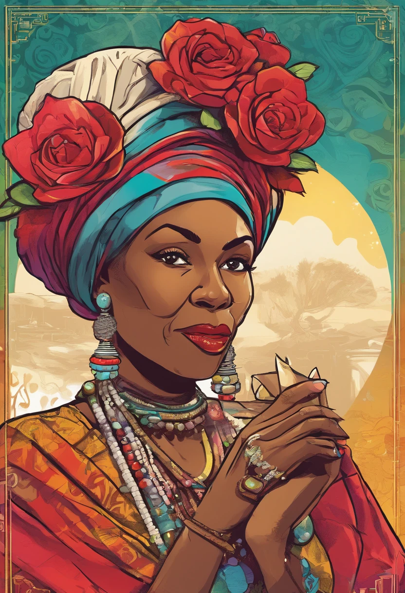 Old black woman smoking cigar wearing with turban and red roses on head, Roll up a white linen dress and wear several colorful beaded necklaces