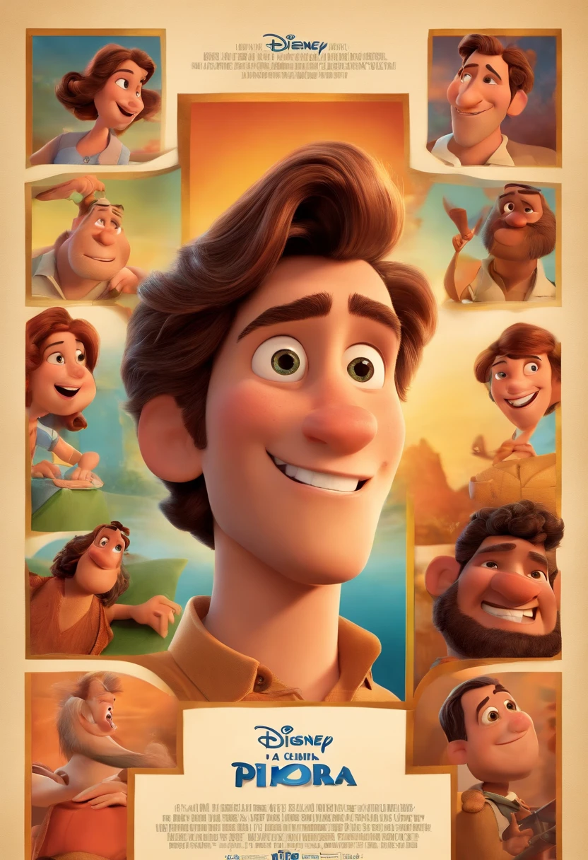 a Disney Pixar movie poster showing a young white-skinned man. Tem barba curta, moreno, cabelos curtos e barba pequena. The fund is an investment office. 3D-rendering