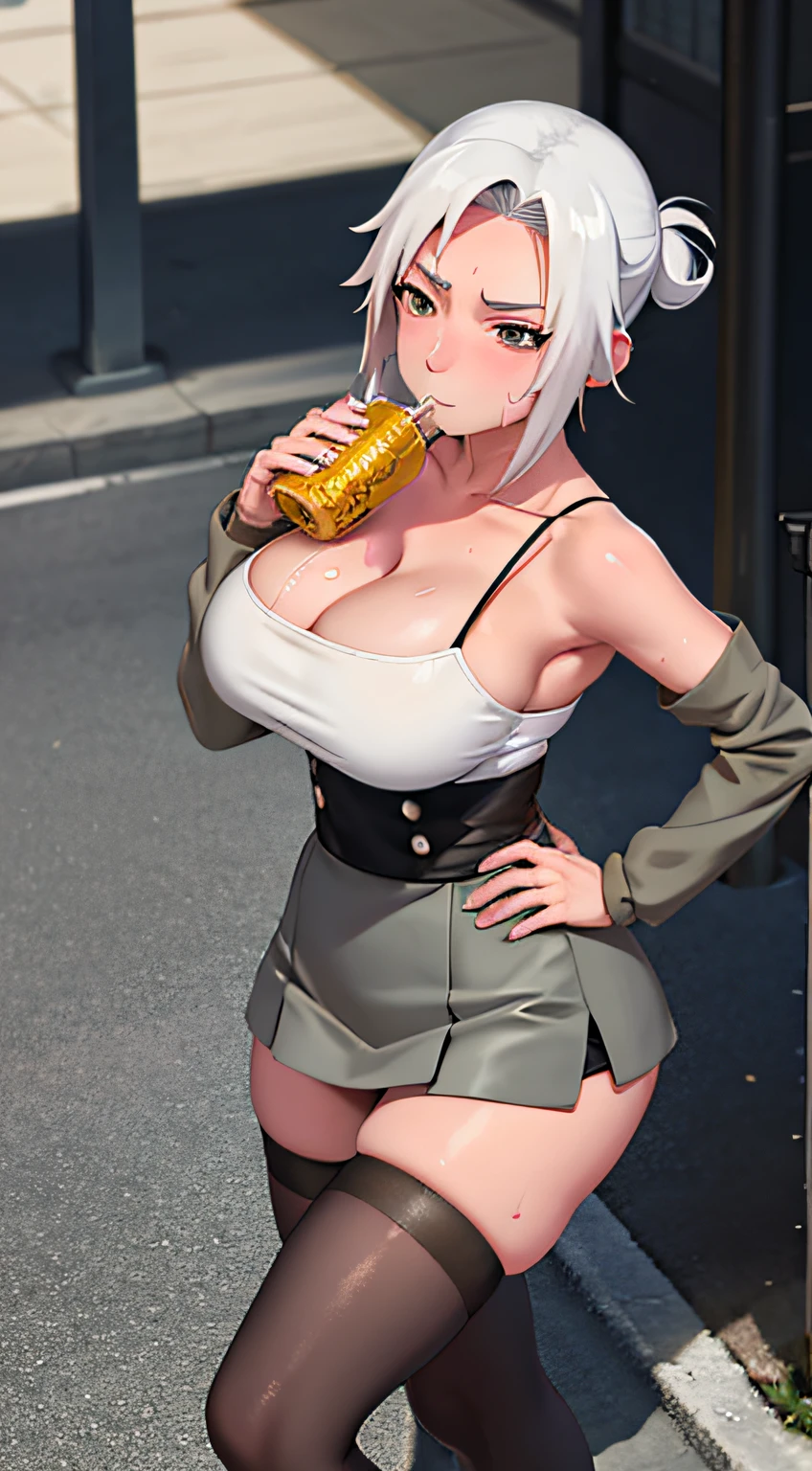 Mabui, spaghetti strap top,high waist short skirt, big breast, seductive expression, thighhighs, she is drinking water, full of sweat, street