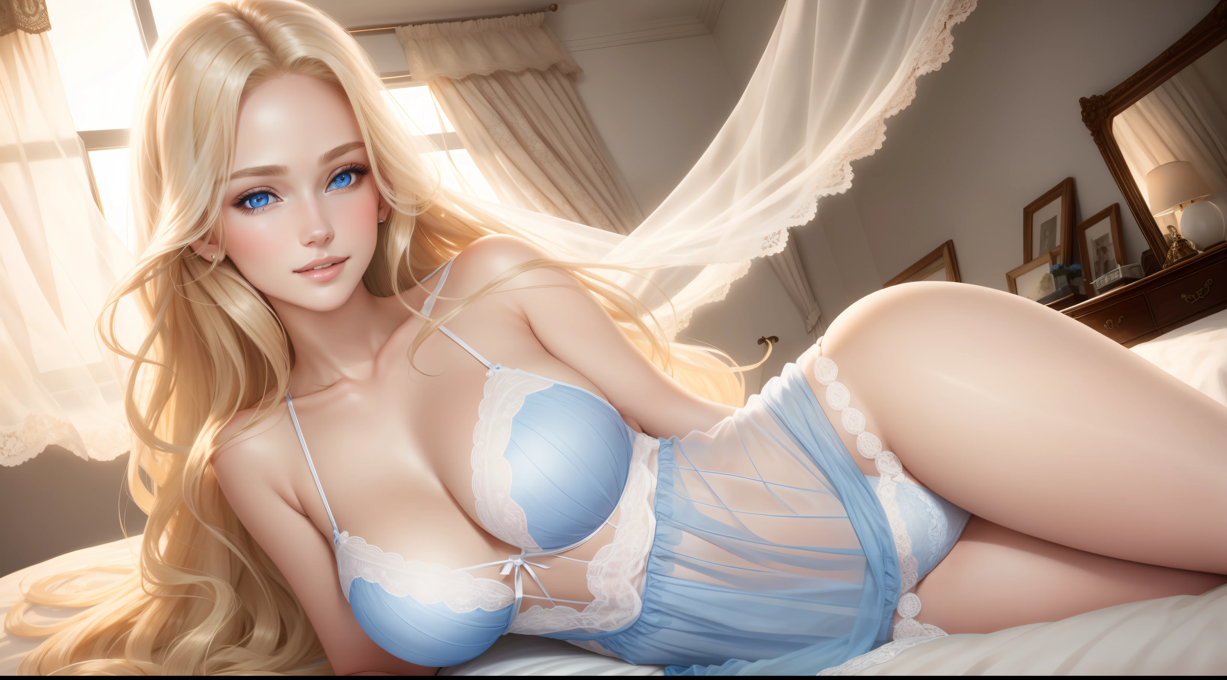 Pretty Female, windblown blonde hair, glowing blue eyes, realistic, masterpiece:1.2, high detailed:1.1, 4K, high detailed light, little smile, white skin, white lingerie, bedroom, soft sunlight, delicate lace curtains, elegant posture, relaxed atmosphere