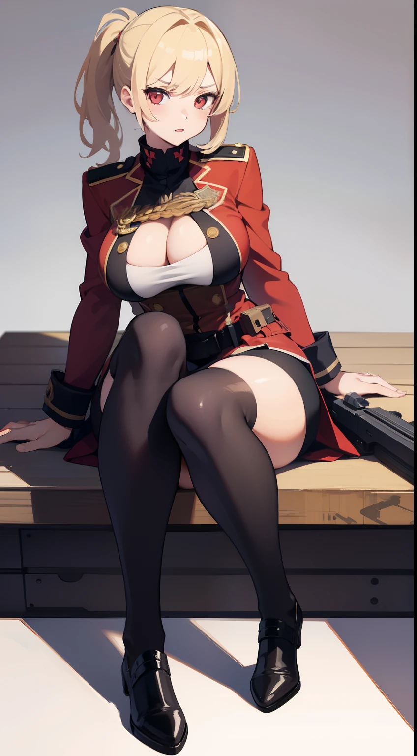 1girl, blonde hair, red eyes, big boobs, military, full body, gun, sit, clean white background, frame, (1:3, ratio models)